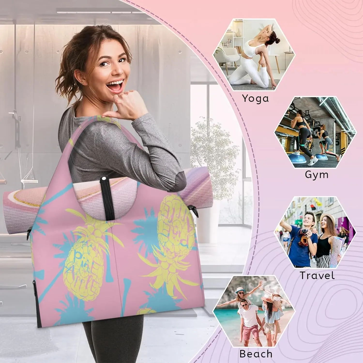 KOBLEN Yoga Gym Bags for Women Duffel Bag with Shoe Compartment and Yoga Mat Portable Weekender Bags for Pilates Travel Offices Workout Beach