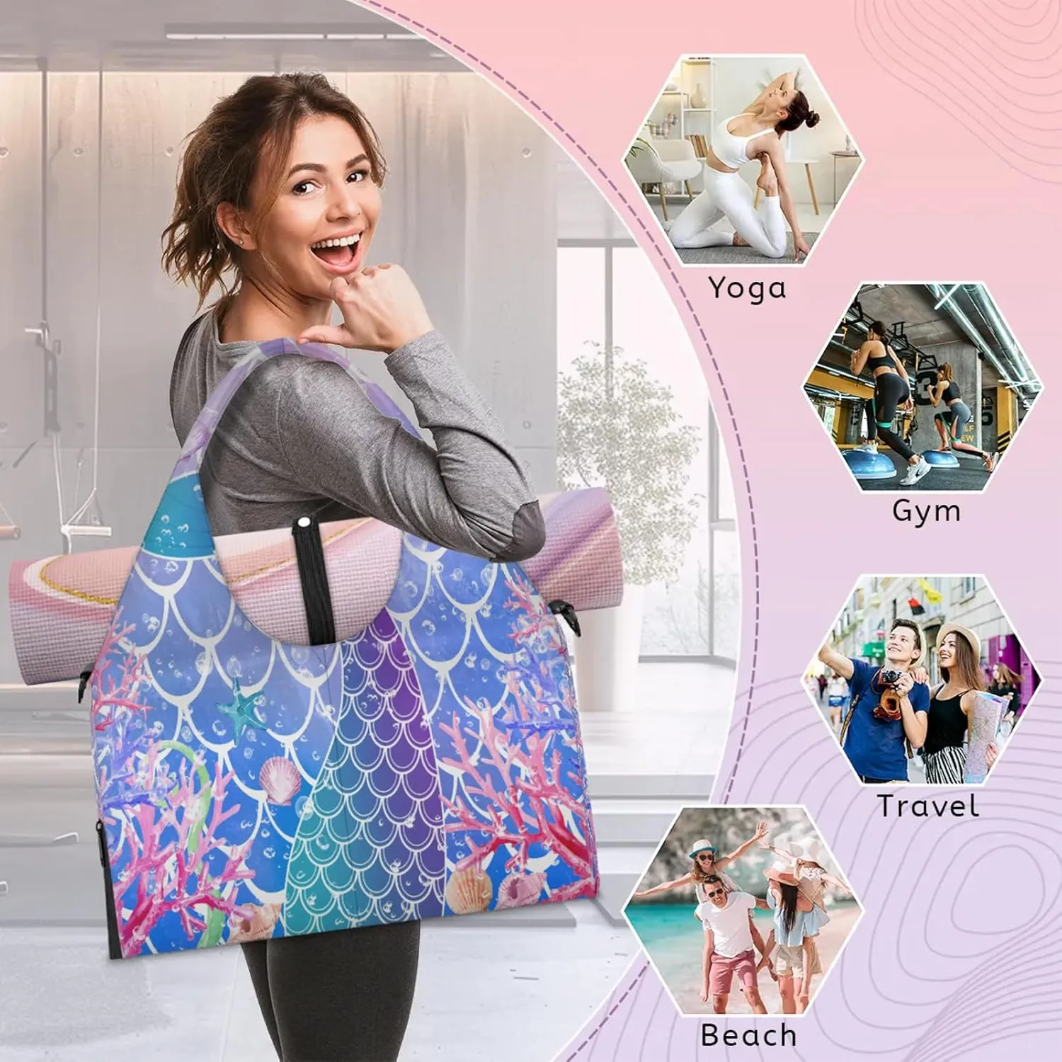 KOBLEN Yoga Gym Bags for Women Duffel Bag with Shoe Compartment and Yoga Mat Portable Weekender Bags for Pilates Travel Offices Workout Beach