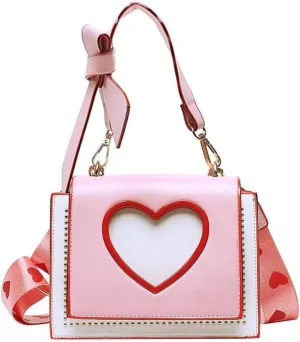 Korean Satchel Heart Shaped Tote Bag for Women, Adjustable Crossbody Bag with Detachable Shoulder Strap, Pu Leather Handbag for Travel, Shopping, Office, School, Pink