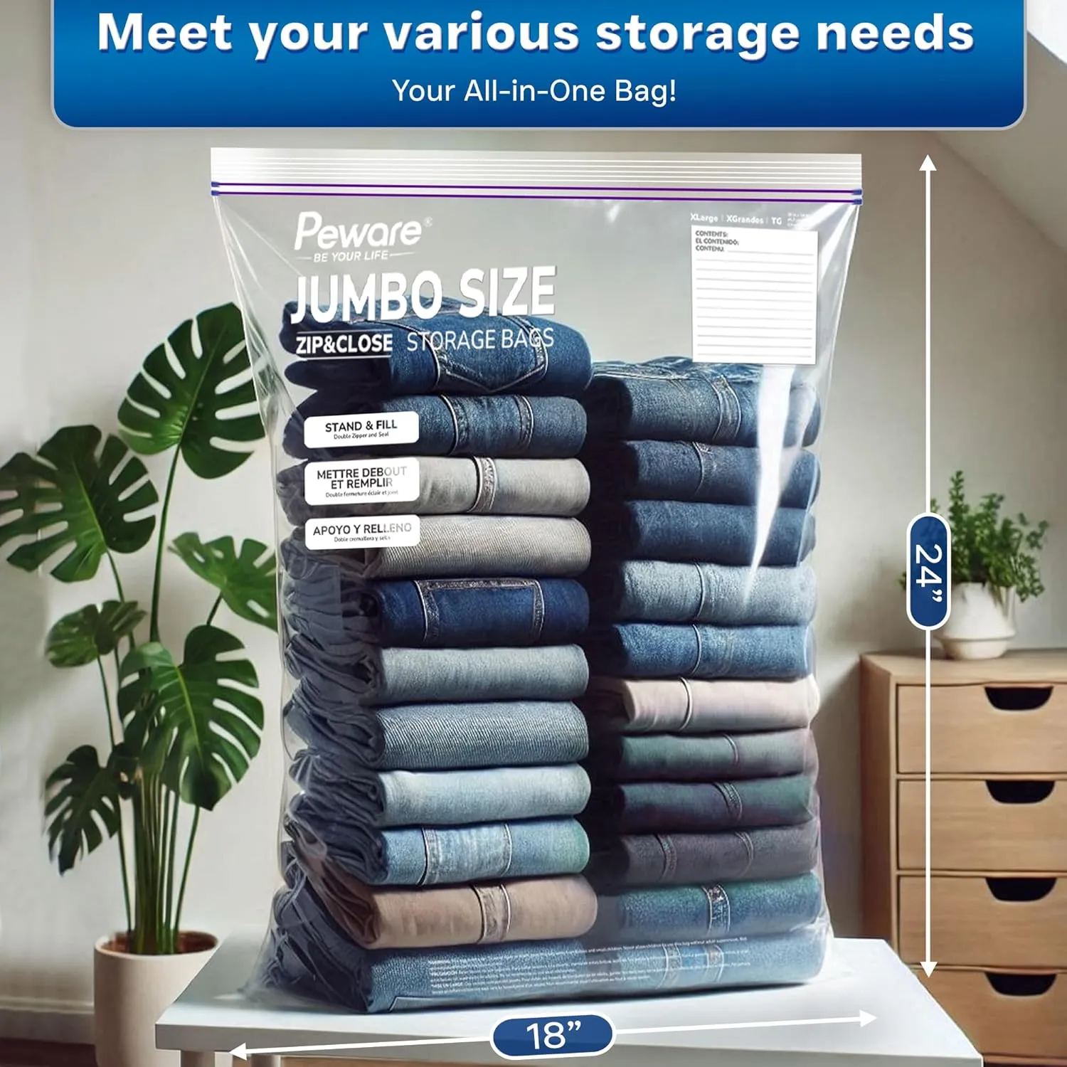 Large 5 Gallon Storage Bags with Double Zippers, Plastic Bags for Clothes, Blankets, and Closet Organization, 18"x24" [15 COUNT]