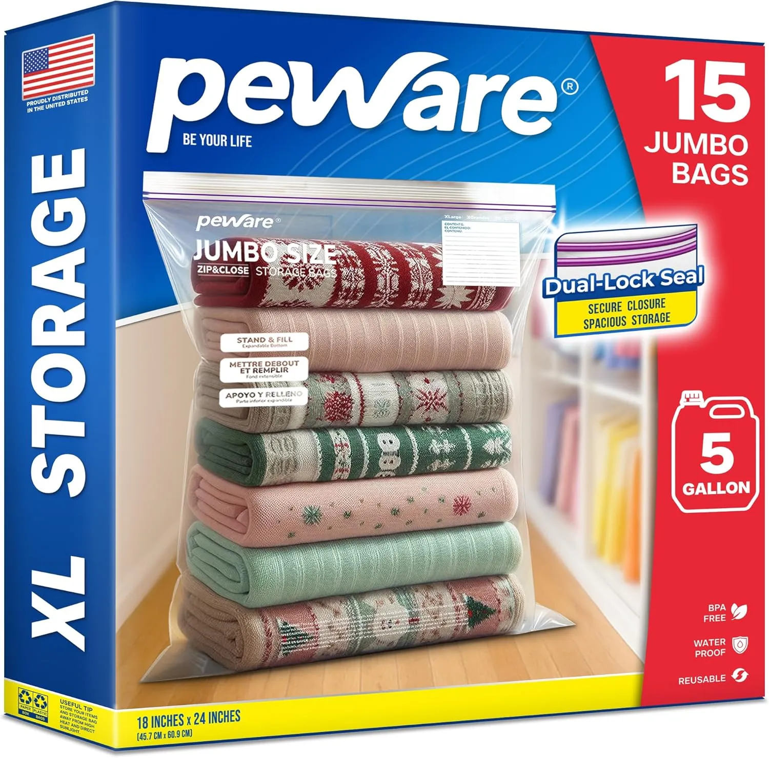 Large 5 Gallon Storage Bags with Double Zippers, Plastic Bags for Clothes, Blankets, and Closet Organization, 18"x24" [15 COUNT]