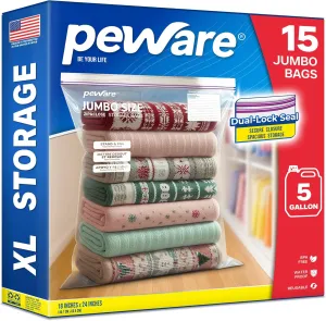 Large 5 Gallon Storage Bags with Double Zippers, Plastic Bags for Clothes, Blankets, and Closet Organization, 18"x24" [15 COUNT]
