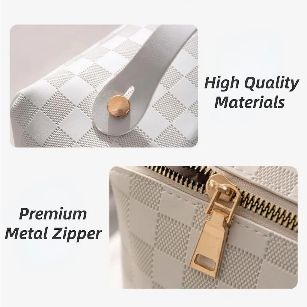 Large Capacity Brown Checkered Makeup Bags Portable Travel Cosmetic Bags Open-Flat Toiletry Bag for Women Girls Make Up Organizer with Divider Pouch Zipper Bag (white-checkered)
