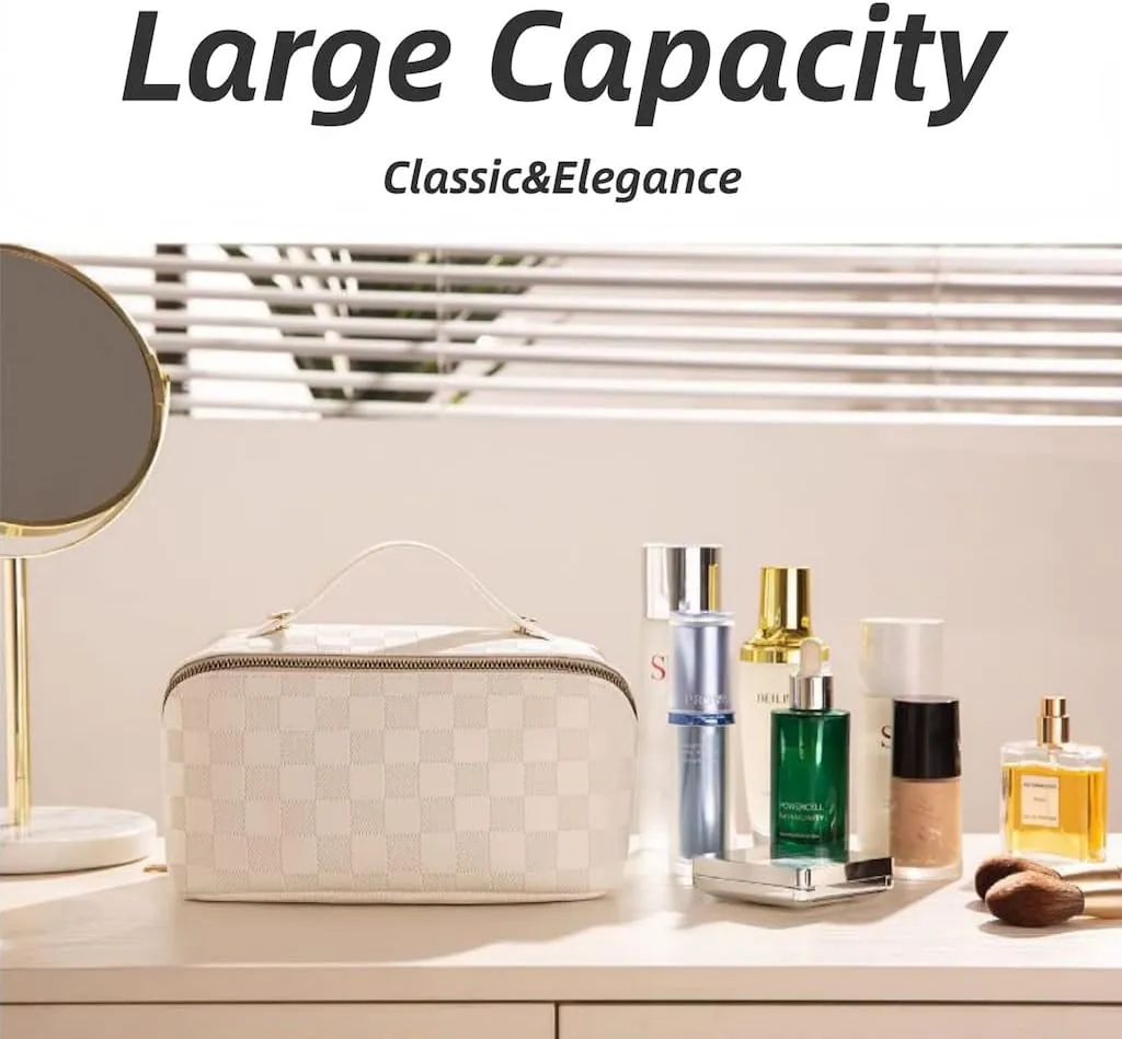 Large Capacity Brown Checkered Makeup Bags Portable Travel Cosmetic Bags Open-Flat Toiletry Bag for Women Girls Make Up Organizer with Divider Pouch Zipper Bag (white-checkered)