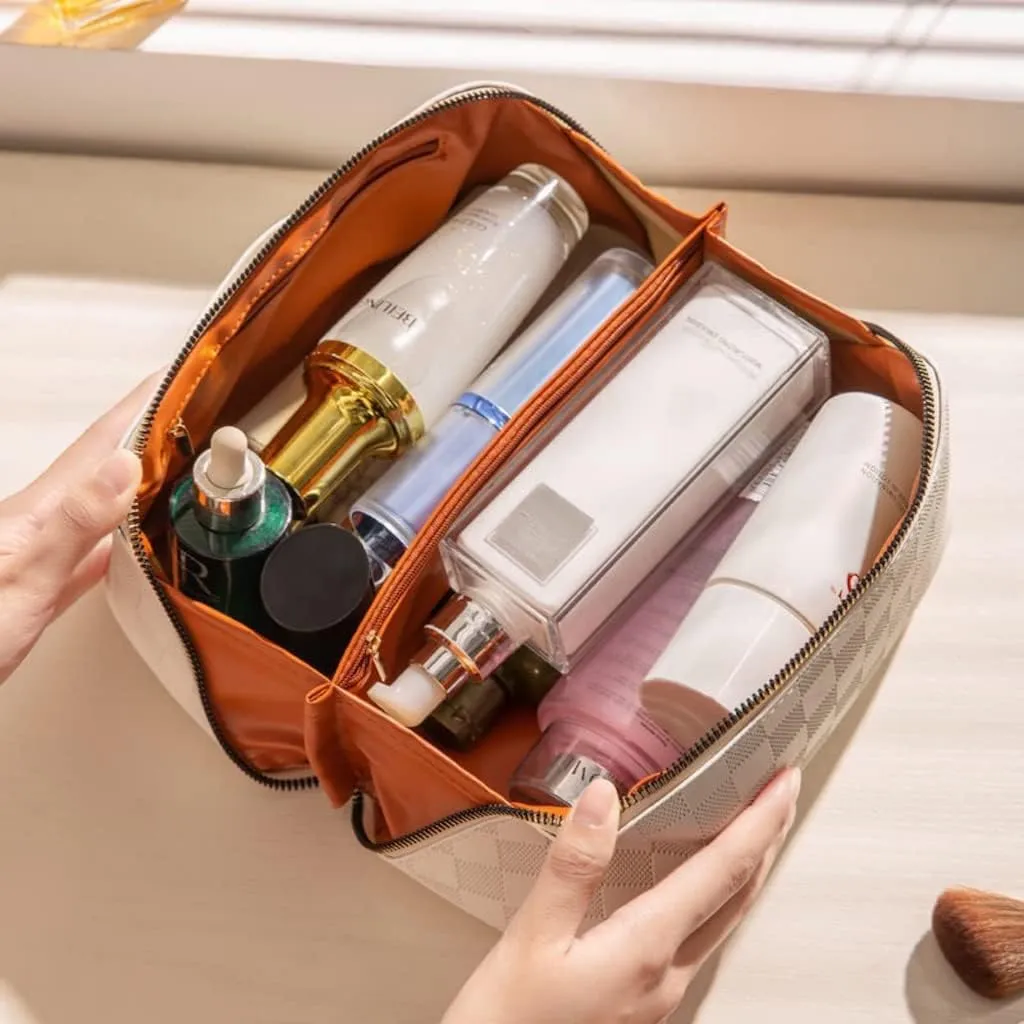 Large Capacity Checkered Makeup Bags Portable Travel Cosmetic Bags Open-Flat Toiletry Waterproof Bag for Women Gift Make up Organizer with Divider and Handle Pouch Zipper Bag (black-checkered)