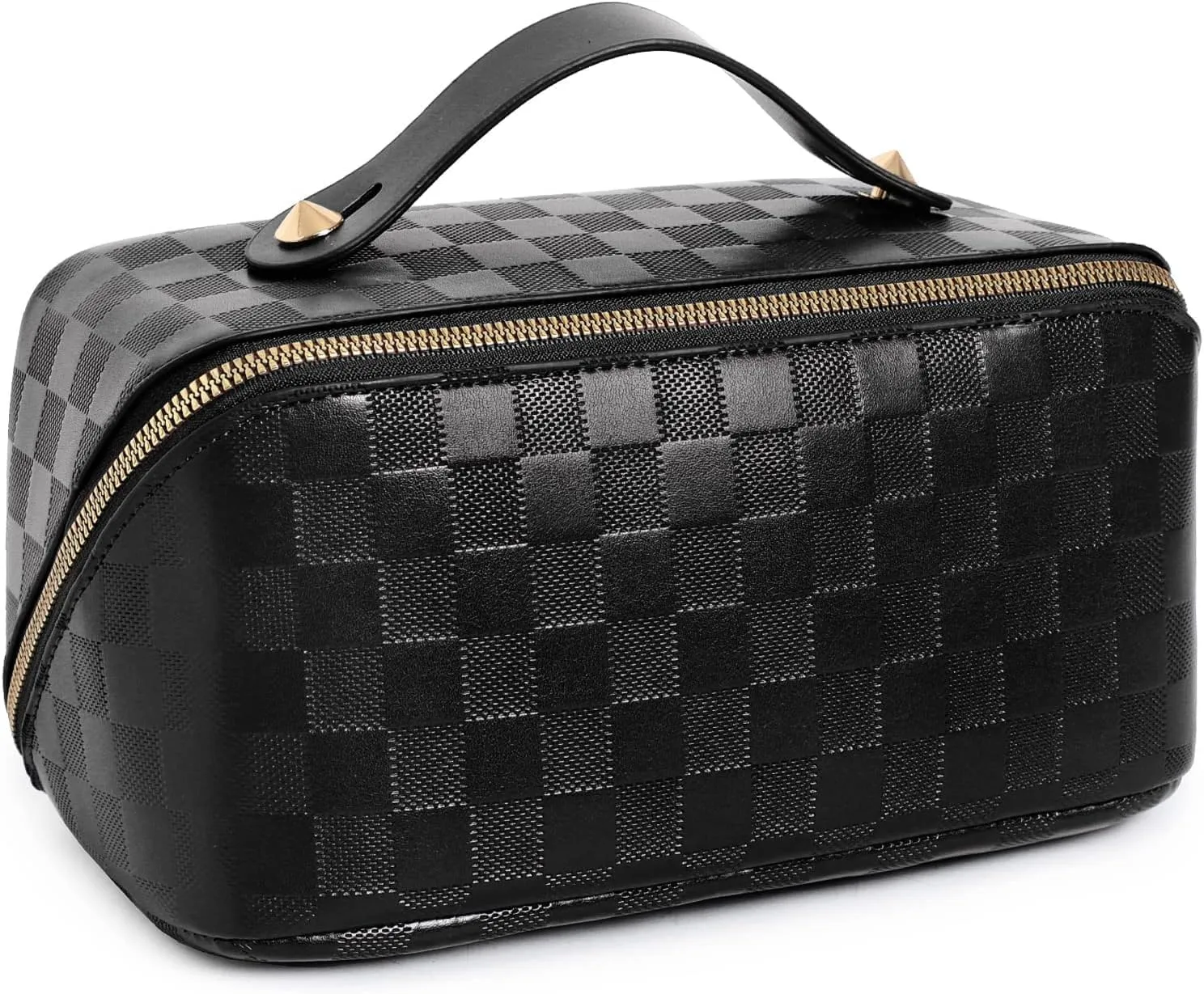 Large Capacity Checkered Makeup Bags Portable Travel Cosmetic Bags Open-Flat Toiletry Waterproof Bag for Women Girls Make up Organizer with Divider and Handle Pouch Zipper Bag (A-Black)
