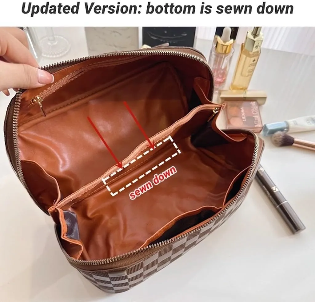 Large Capacity Checkered Makeup Bags Portable Travel Cosmetic Bags Open-Flat Toiletry Waterproof Bag for Women Girls Make up Organizer with Divider and Handle Pouch Zipper Bag (A-Black)