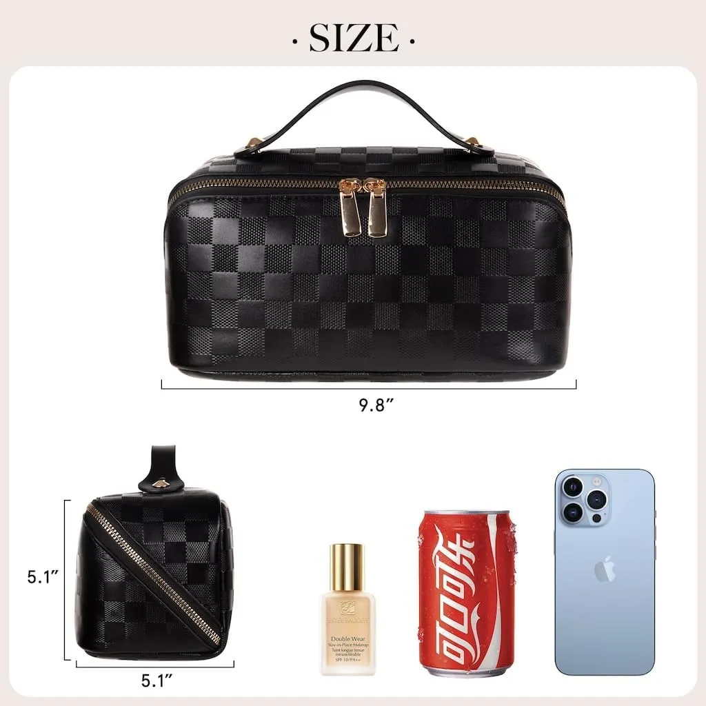 Large Capacity Checkered Makeup Bags Portable Travel Cosmetic Bags Open-Flat Toiletry Waterproof Bag for Women Girls Make up Organizer with Divider and Handle Pouch Zipper Bag (A-Black)
