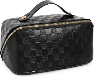 Large Capacity Checkered Makeup Bags Portable Travel Cosmetic Bags Open-Flat Toiletry Waterproof Bag for Women Girls Make up Organizer with Divider and Handle Pouch Zipper Bag (A-Black)