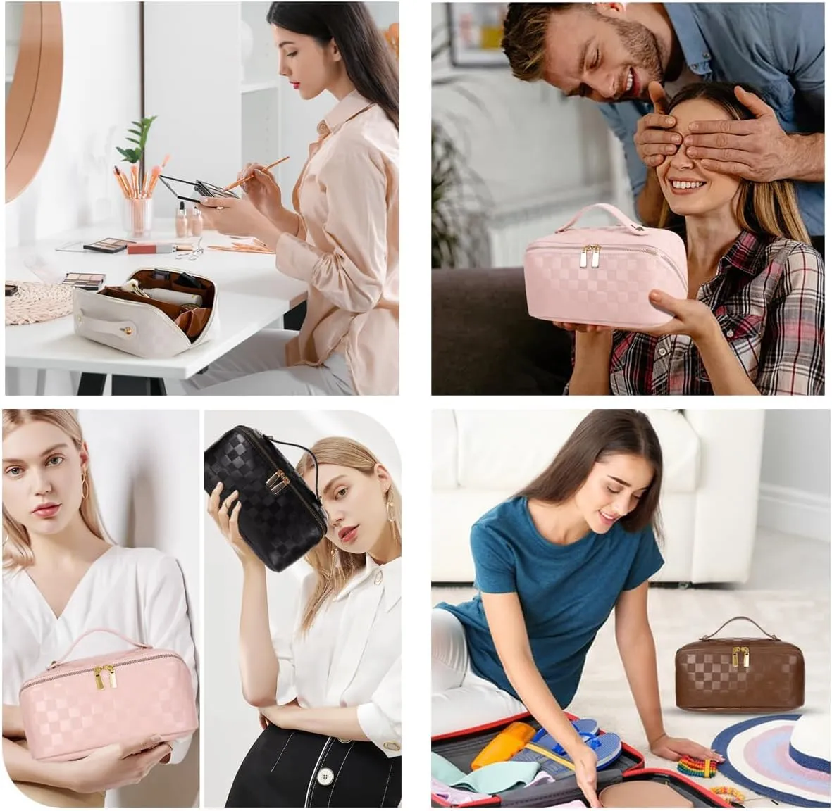 Large Capacity Checkered Makeup Bags Portable Travel Cosmetic Bags Open-Flat Toiletry Waterproof Bag for Women Girls Make up Organizer with Divider and Handle Pouch Zipper Bag (A-Black)