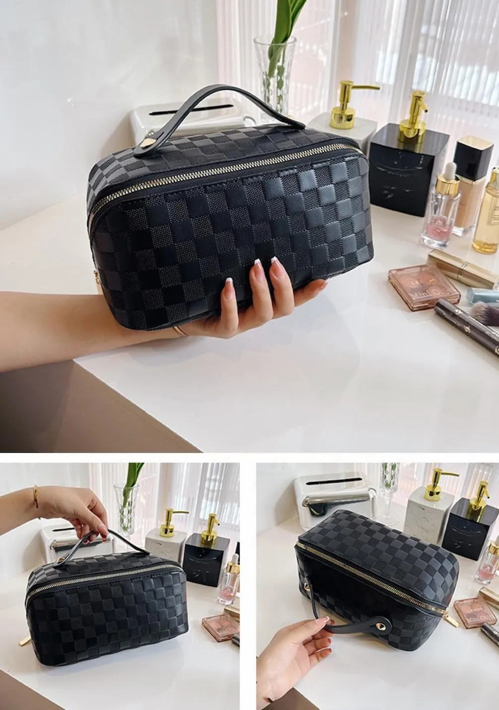 Large Capacity Checkered Makeup Bags Portable Travel Cosmetic Bags Open-Flat Toiletry Waterproof Bag for Women Girls Make up Organizer with Divider and Handle Pouch Zipper Bag (A-Black)
