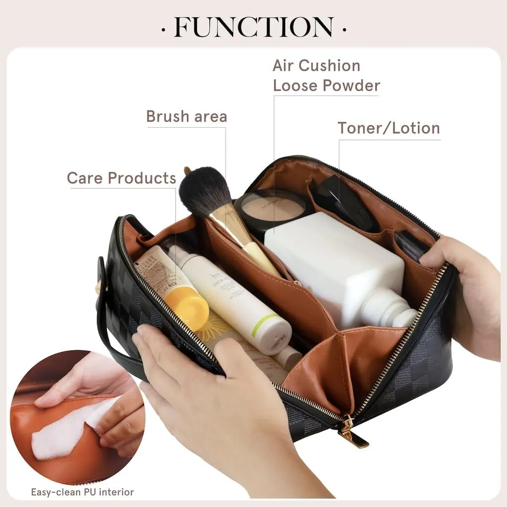 Large Capacity Checkered Makeup Bags Portable Travel Cosmetic Bags Open-Flat Toiletry Waterproof Bag for Women Girls Make up Organizer with Divider and Handle Pouch Zipper Bag (A-Black)