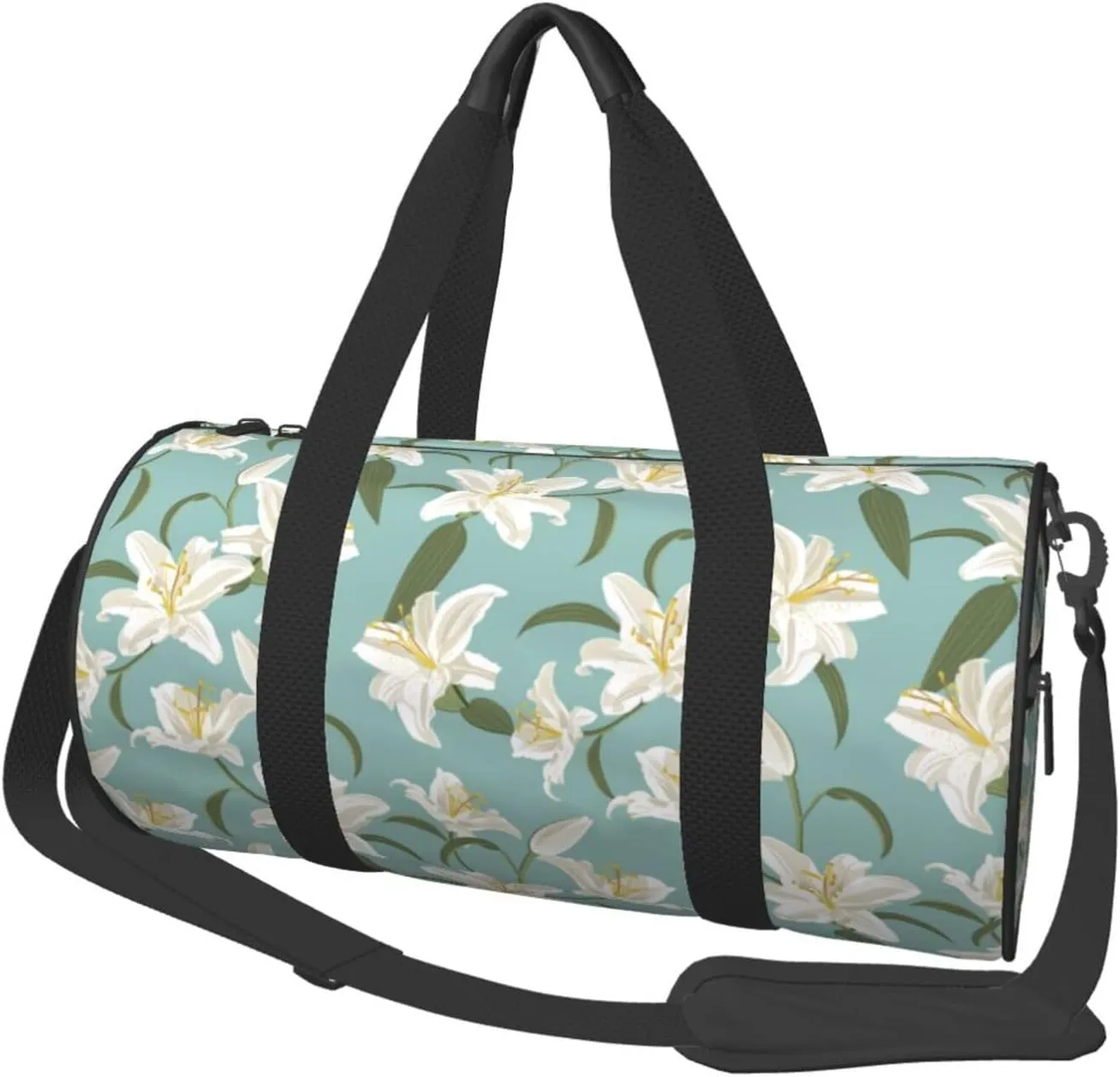 Large Duffle Bag for Travel - Cyan Blue Lilies Flowers Gym Bag for Women Men, Foldable Travel Bags for Women Men with Zippered Multiple Pockets