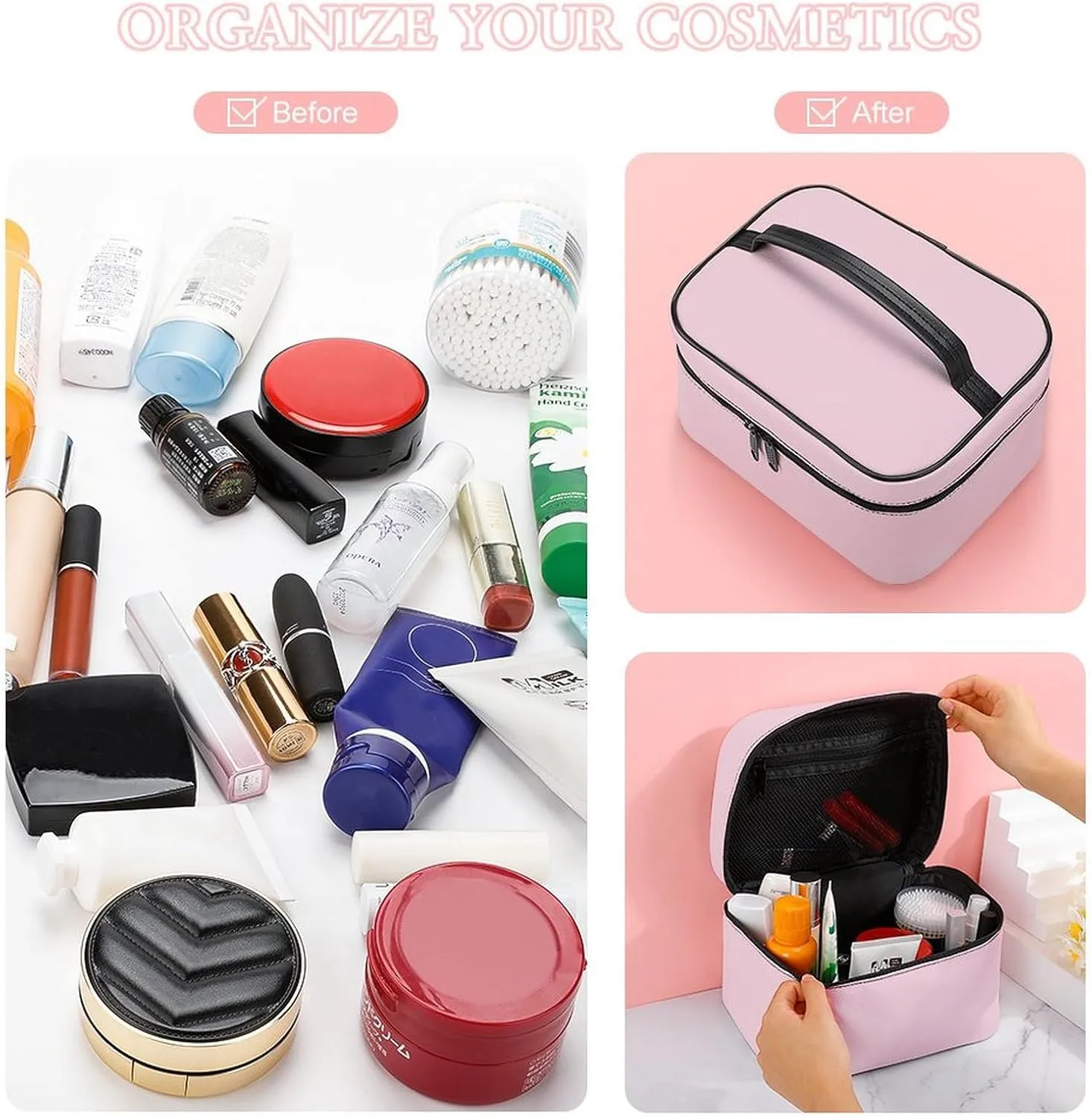 Large Makeup Bag, Pale Pink Rose Cosmetic Bag for Women Girls, Portable Toiletry Bag, Travel Make Up Organizer Bag