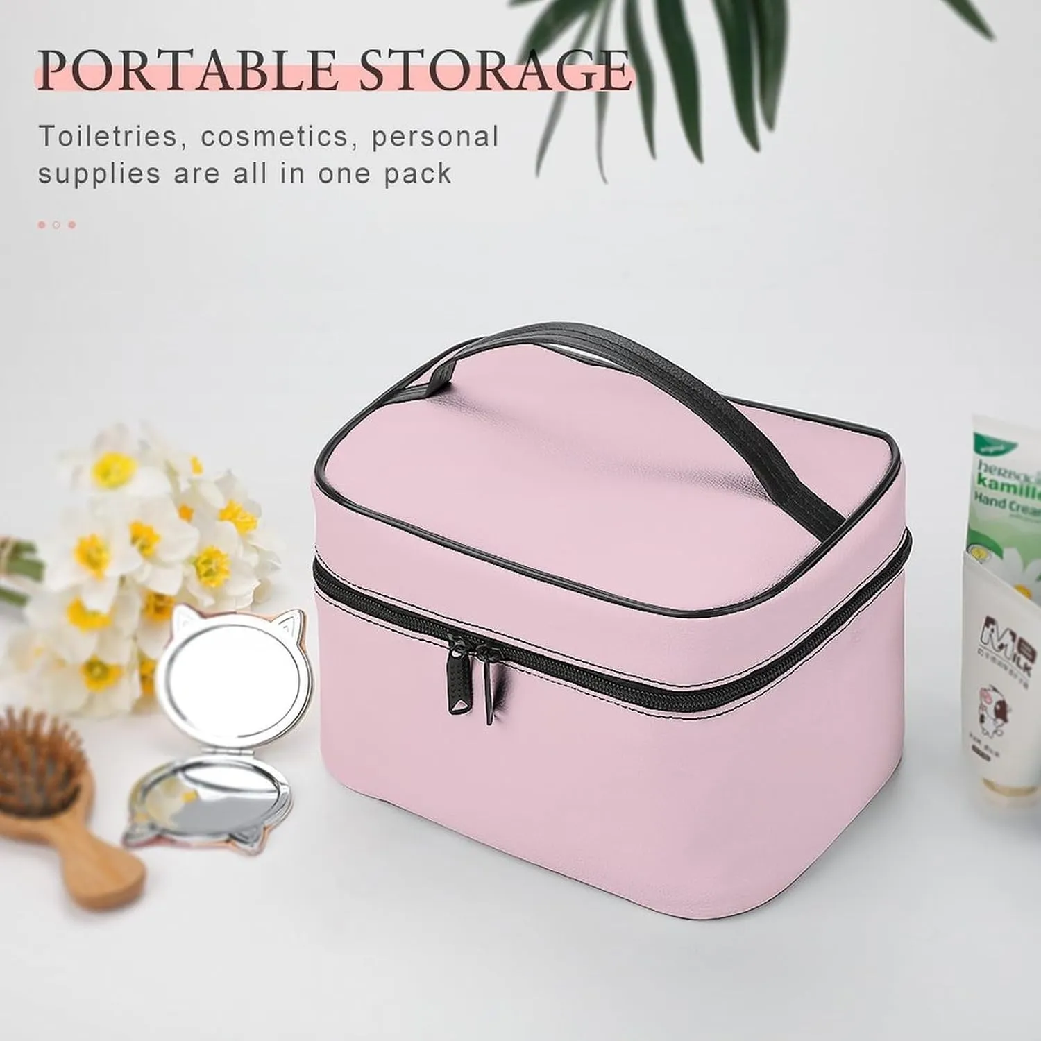 Large Makeup Bag, Pale Pink Rose Cosmetic Bag for Women Girls, Portable Toiletry Bag, Travel Make Up Organizer Bag