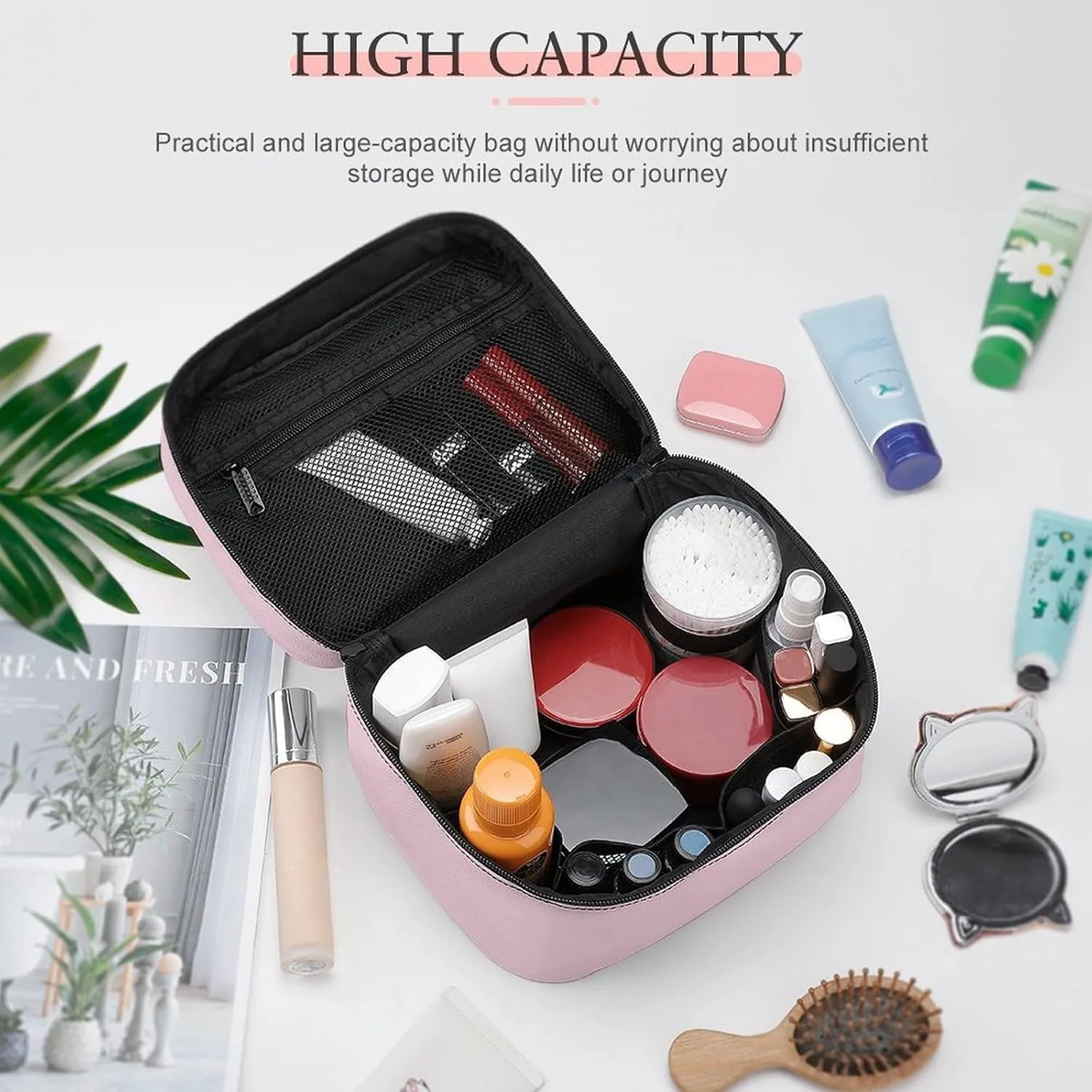 Large Makeup Bag, Pale Pink Rose Cosmetic Bag for Women Girls, Portable Toiletry Bag, Travel Make Up Organizer Bag