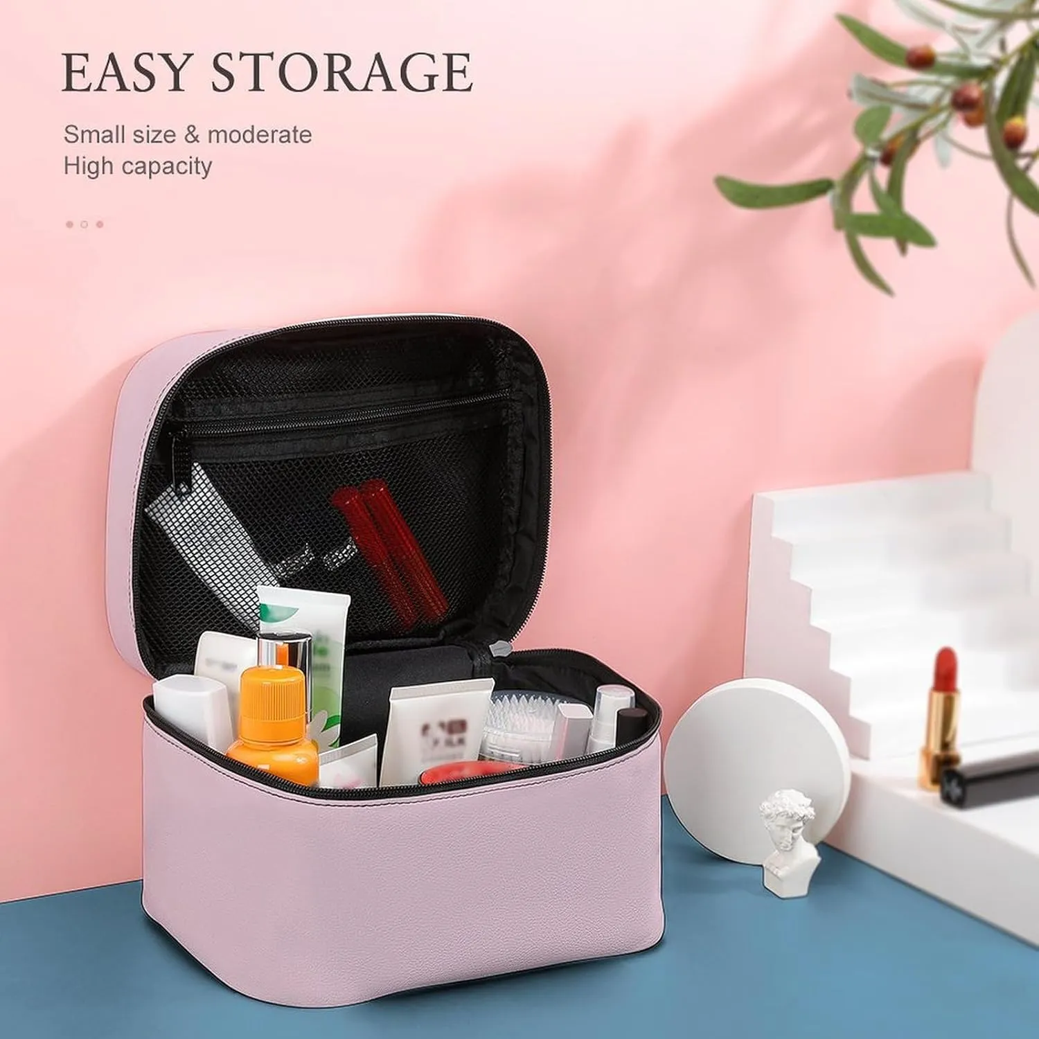 Large Makeup Bag, Pale Pink Rose Cosmetic Bag for Women Girls, Portable Toiletry Bag, Travel Make Up Organizer Bag