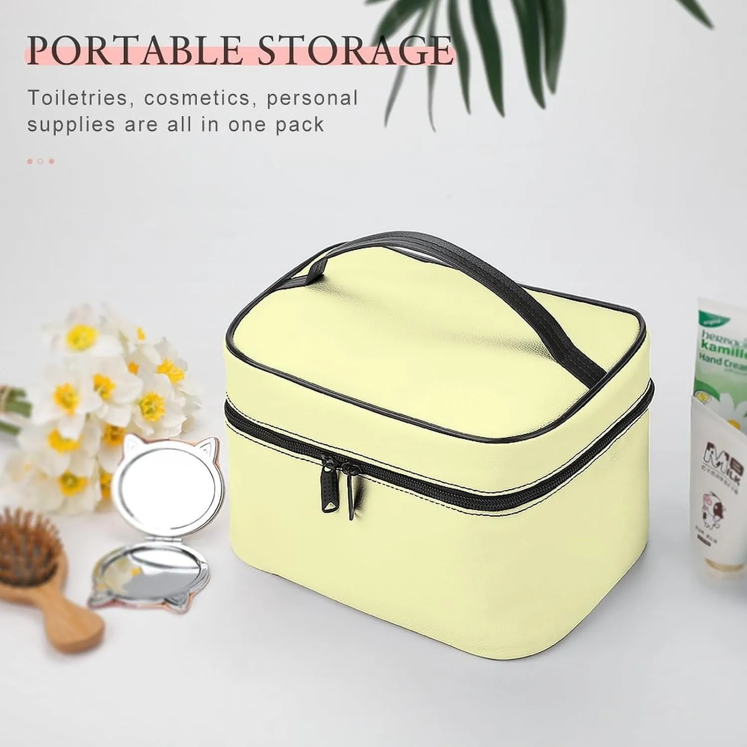Large Makeup Bag, Solid Creamy Pale Yellow Cosmetic Bag for Women Girls, Portable Toiletry Bag, Travel Make Up Organizer Bag