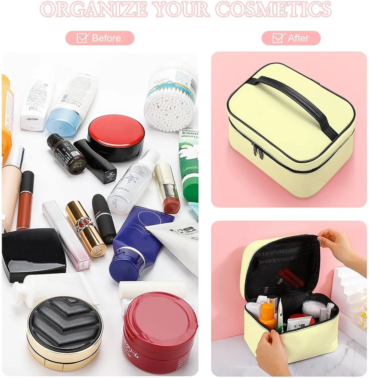 Large Makeup Bag, Solid Creamy Pale Yellow Cosmetic Bag for Women Girls, Portable Toiletry Bag, Travel Make Up Organizer Bag