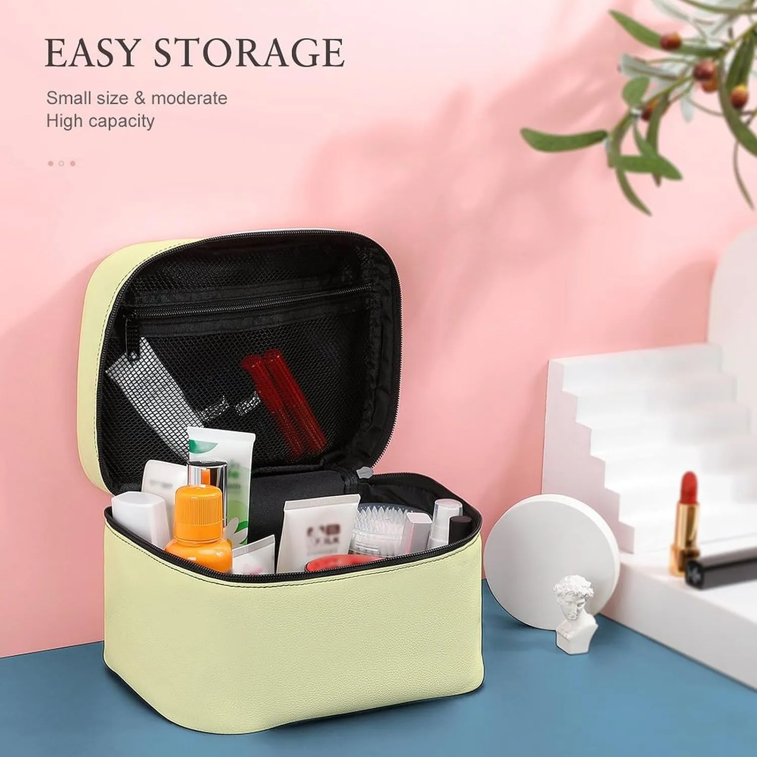 Large Makeup Bag, Solid Creamy Pale Yellow Cosmetic Bag for Women Girls, Portable Toiletry Bag, Travel Make Up Organizer Bag