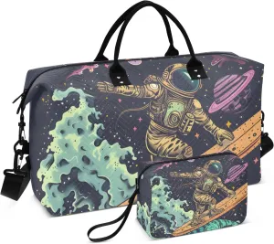 Large Travel Duffel Bag Sports Tote Gym Bag Overnight Weekender Bags Dinosaur Astronaut Carry On Luggage with Toiletry Bags