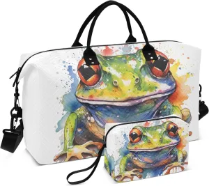 Large Travel Duffel Bag Sports Tote Gym Bag Overnight Weekender Bags Frog Watercolor Carry On Luggage with Toiletry Bags