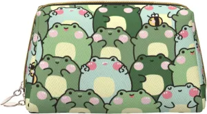 Large Travel Makeup Bag - shy frog Pvc Leather Portable Cosmetic Bags for Women with Zipper, Skincare Bag Makeup Pouch Toiletry Bag for Women