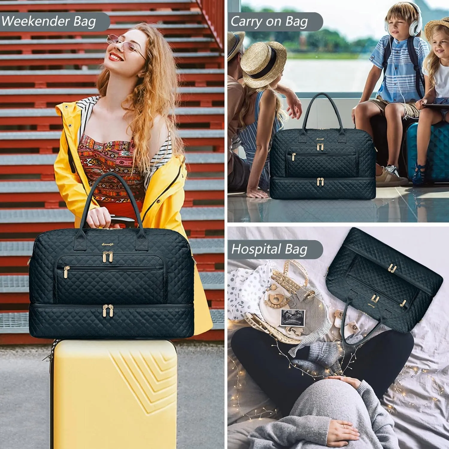 Large Women Travel Duffle Bag - Carry on Overnight Weekend Travel Duffel Tote Gym Bag with Wet Pocket Toiletry Weekender Overnight Bag for Travel Business Trips Sports Hospital 3 Pcs Set