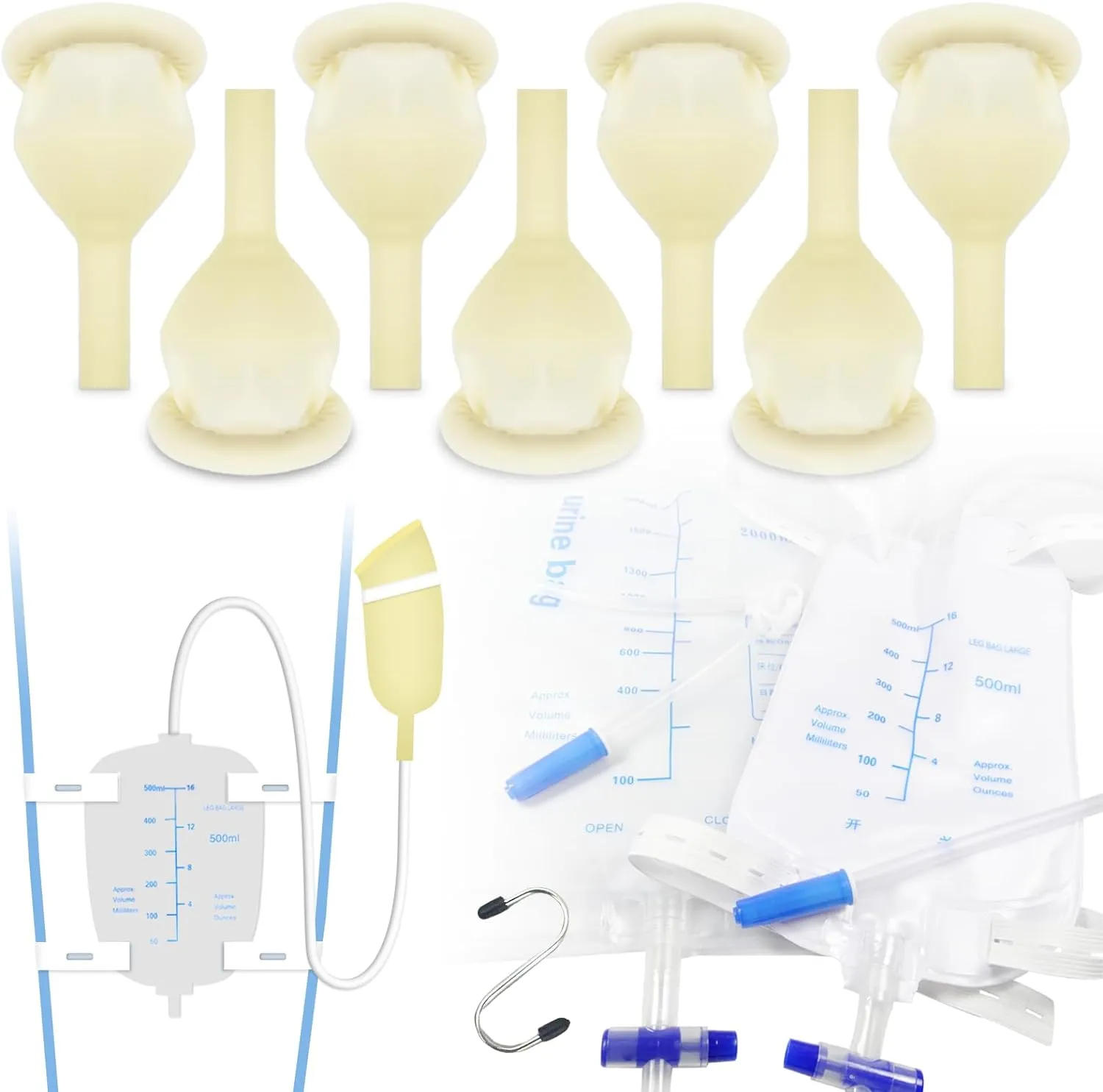 Latex Condom Catheter External Self-Sealing Set, Thick Tube,500ml Leg Bag *1, 2000ml Urine Bag *1, Soft Condoms *7, Day and Night Use Quick and Easy Drainage, No Backflow, No Leakage (25mm/0.98inch)