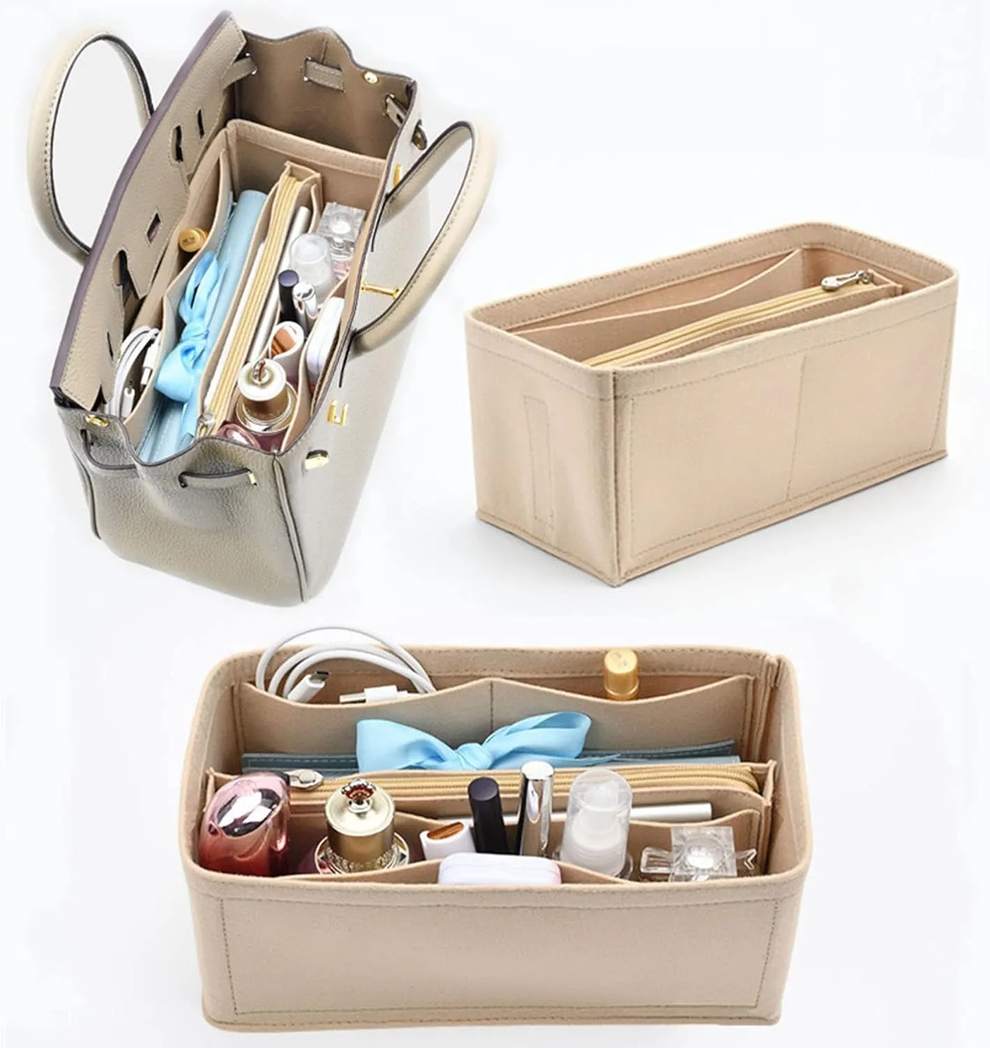 Lckaey Purse Organizer for Hermes birkin bag 25 Felt organizer insert Y013M Pull beige-S