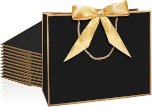 LDIWEE 12Pcs Gift Bags with Handles, Paper Bag with Bow Ribbon Gift Wrap Thank You Bags for Graduation Baby Shower Mothers Day Birthday Bridesmaid Party (Black, Gold)