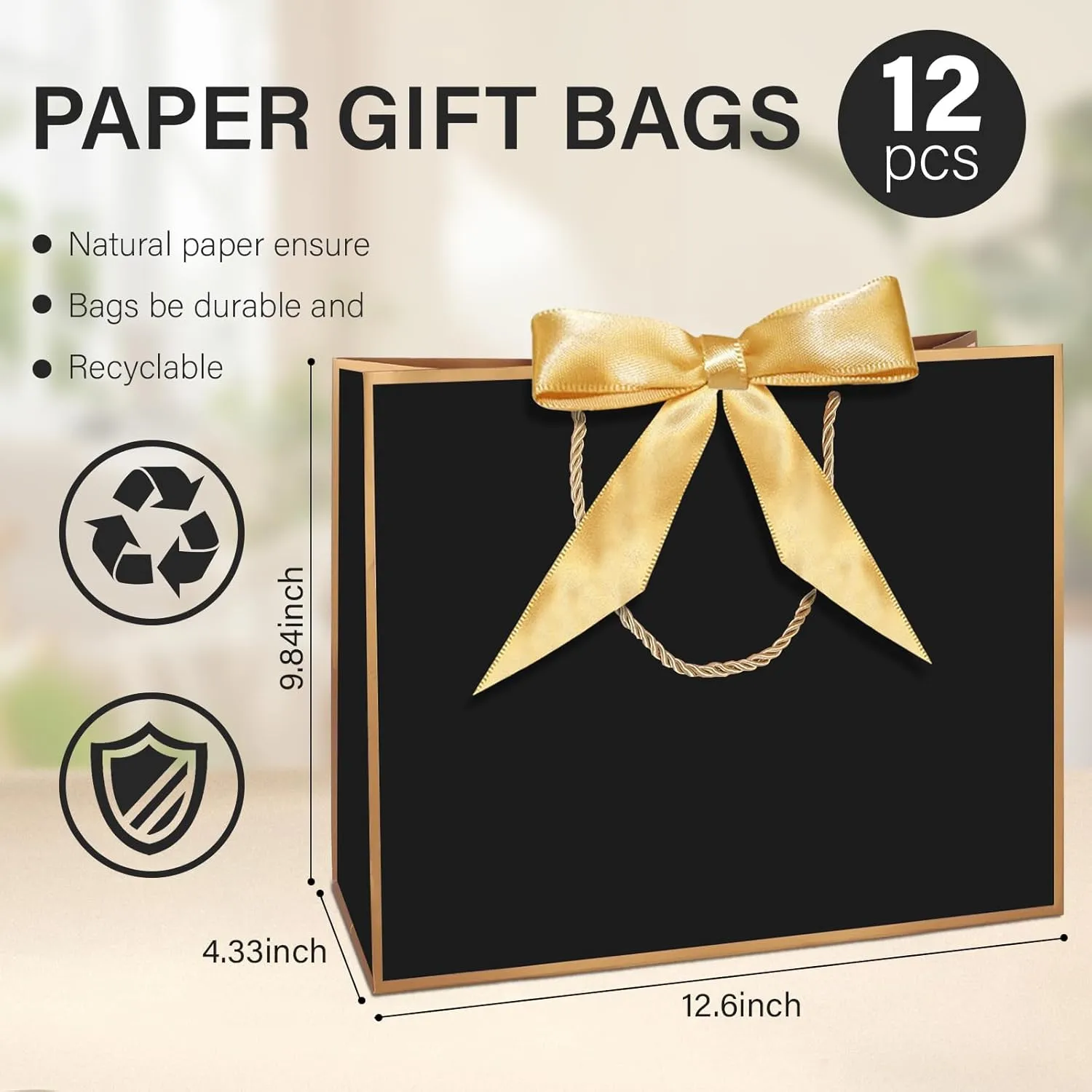 LDIWEE 12Pcs Gift Bags with Handles, Paper Bag with Bow Ribbon Gift Wrap Thank You Bags for Graduation Baby Shower Mothers Day Birthday Bridesmaid Party (Black, Gold)