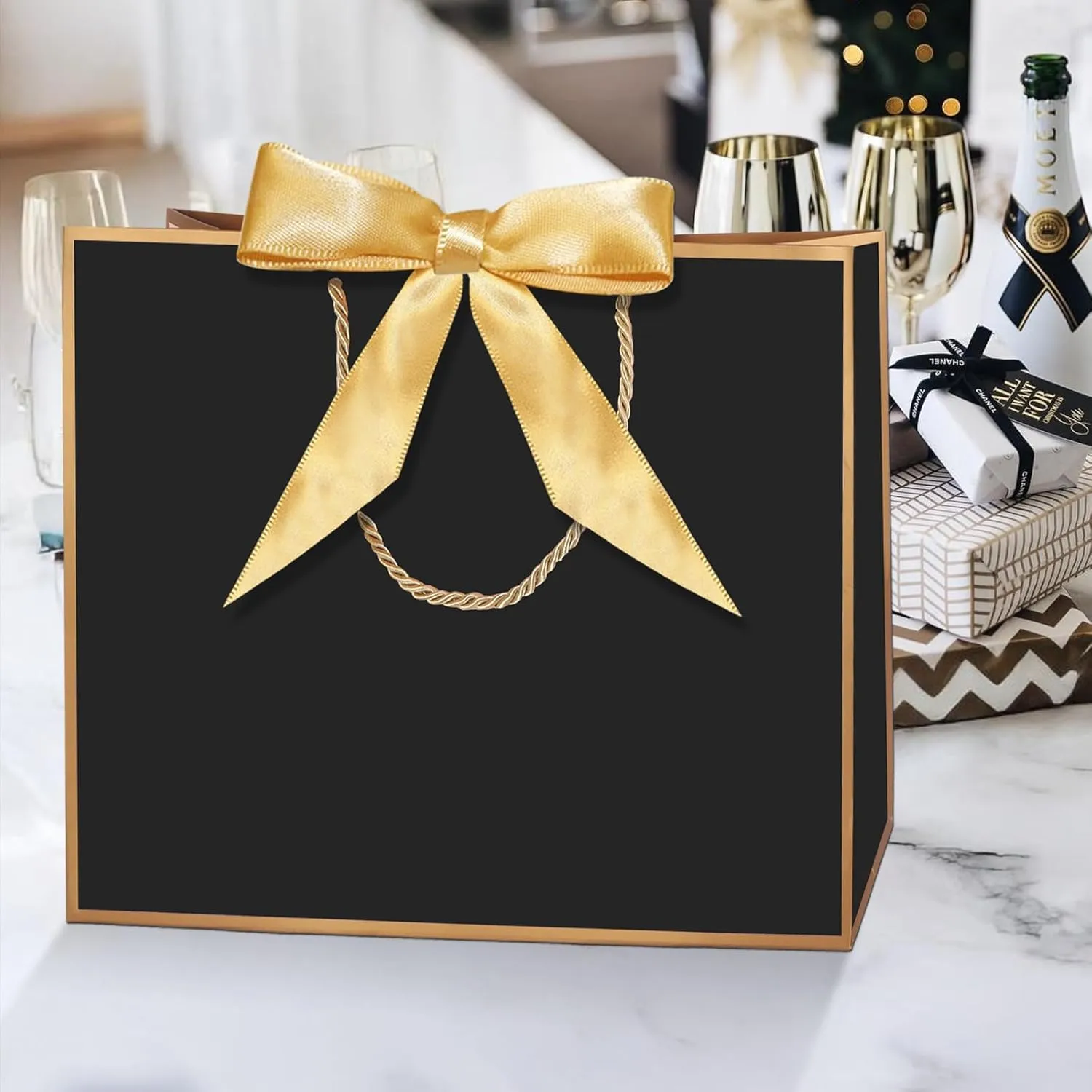 LDIWEE 12Pcs Gift Bags with Handles, Paper Bag with Bow Ribbon Gift Wrap Thank You Bags for Graduation Baby Shower Mothers Day Birthday Bridesmaid Party (Black, Gold)