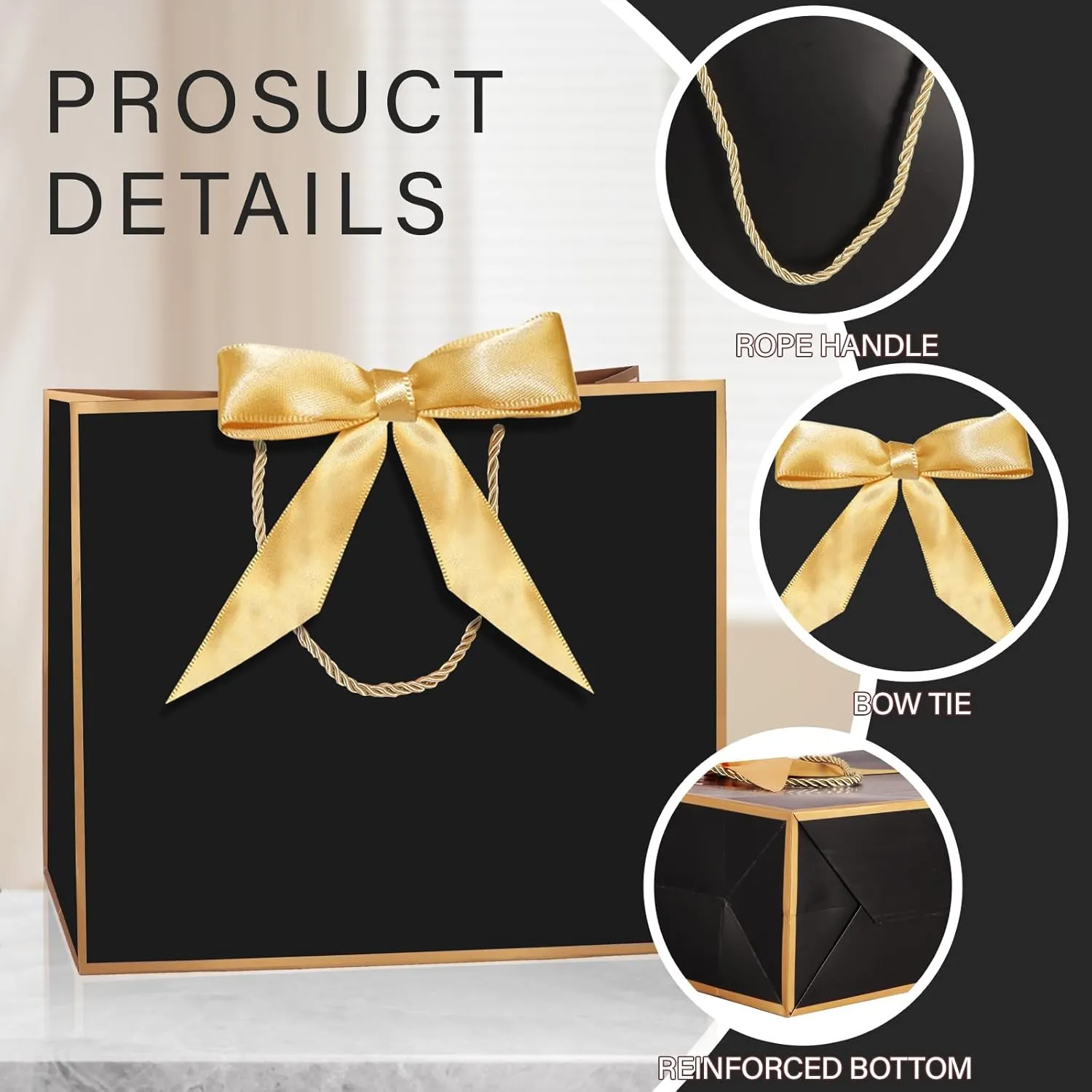 LDIWEE 12Pcs Gift Bags with Handles, Paper Bag with Bow Ribbon Gift Wrap Thank You Bags for Graduation Baby Shower Mothers Day Birthday Bridesmaid Party (Black, Gold)