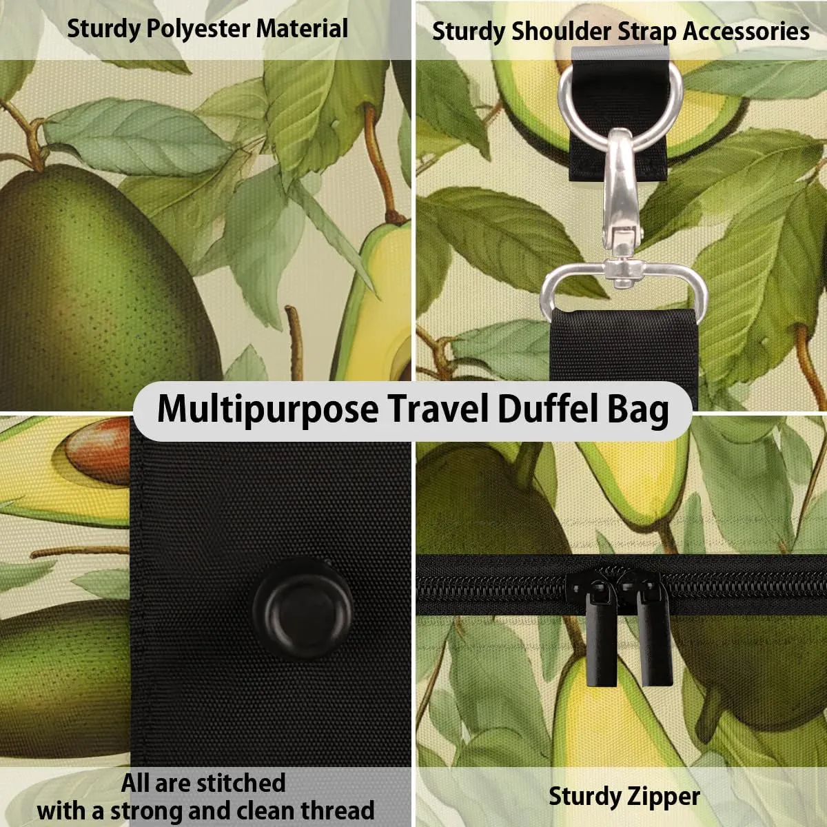 Leaf Avocado Print Foldable Lightweight Duffle Bag for Travel - Waterproof Carry On Bags for Airplanes, Travel Duffel Bags for Gym, Weekend