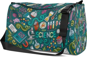 Leather Sport Gym Bag Scientific Theme Pattern Weekender Bag for Women and Men Carry On Bag Laboratory Items Travel Duffel Bag