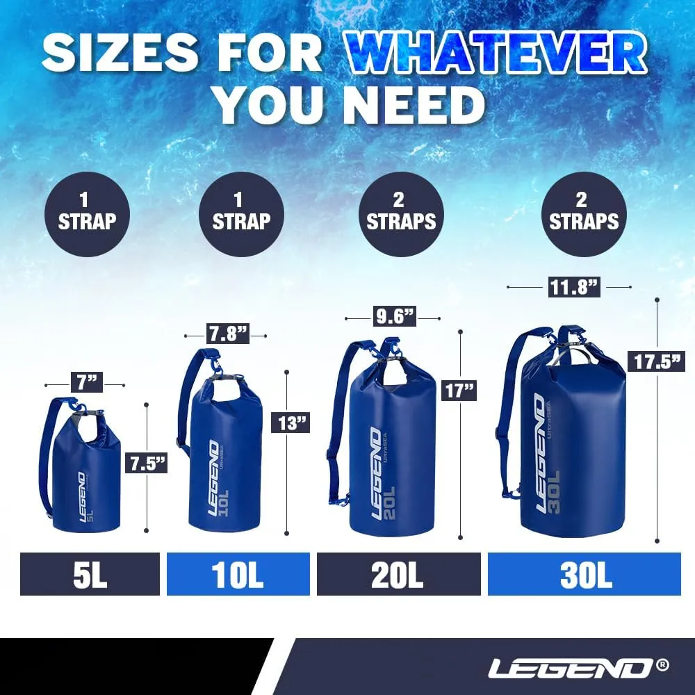 Legend UltraSEA Waterproof Dry Bag 5L/10L/20L/30L - Drybag Waterproof Bag for Kayaking, Swimming & Travel, Roll Top Floating Dry Bag, Lightweight Dry Sack for Boating, Rafting and Beach - 5L Blue