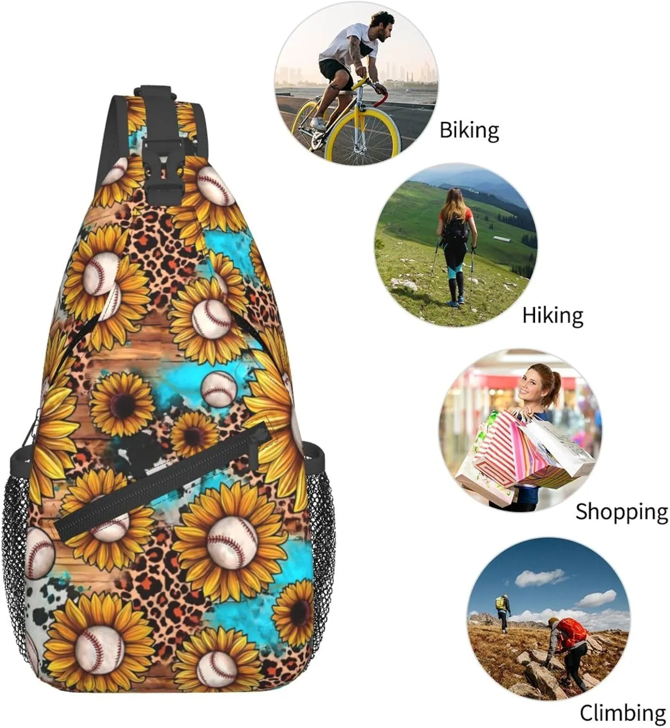 Leopard Cow Print Baseball Sunflower Chest Bags Crossbody Sling Bag Shoulder Bag Travel Hiking Daypack For Men Women