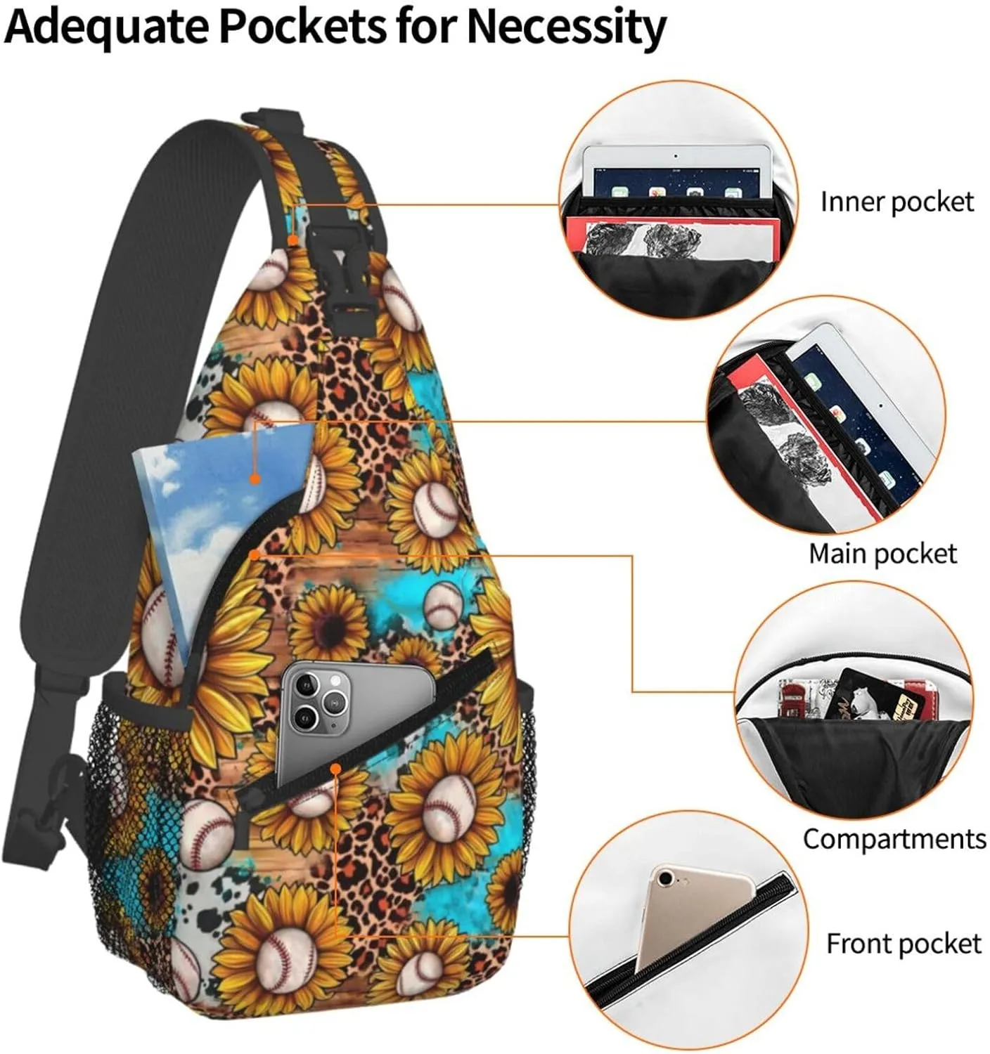 Leopard Cow Print Baseball Sunflower Chest Bags Crossbody Sling Bag Shoulder Bag Travel Hiking Daypack For Men Women