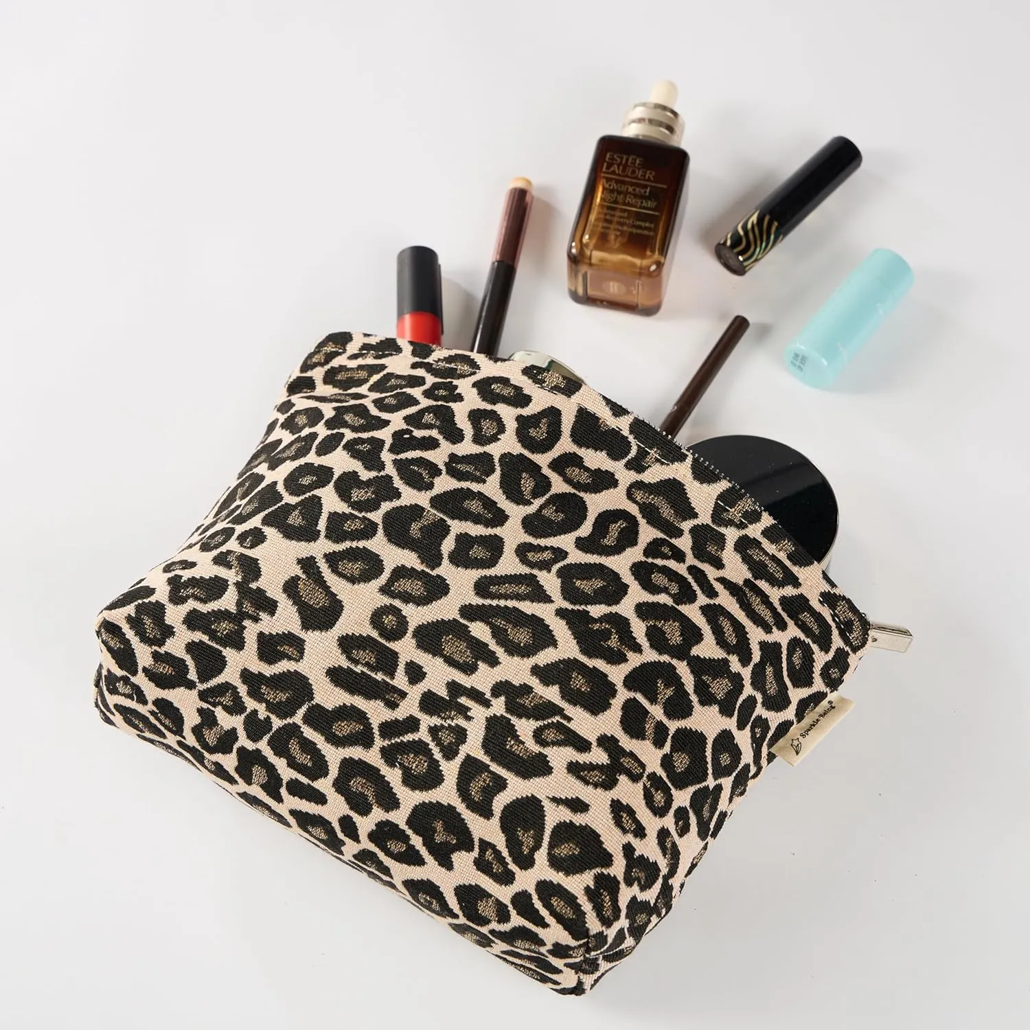Leopard Print Canvas Makeup Bag for Women Girls, Large Capacity Trendy Travel-Friendly Cosmetic Bag, Secure Metal Zipper Pouch Aesthetic Toiletry Bag Organizer (Set of 2)
