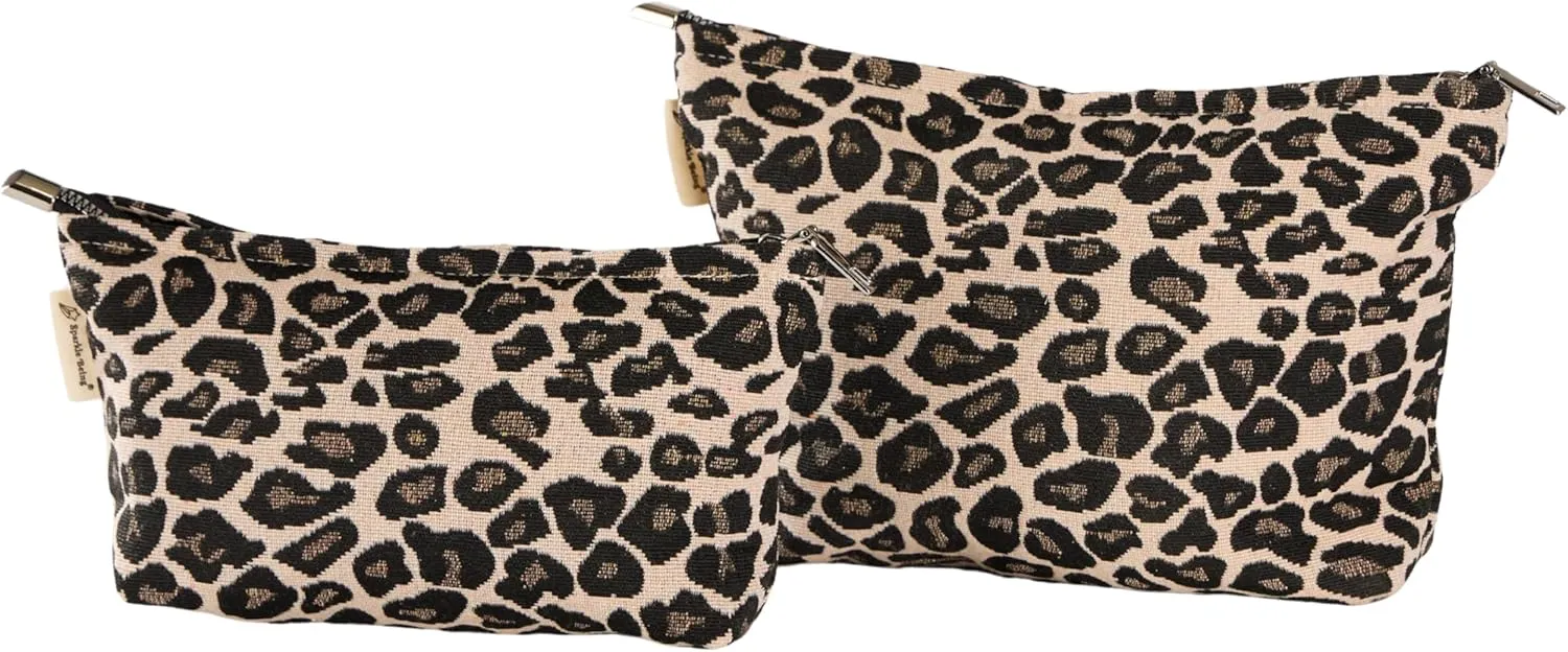 Leopard Print Canvas Makeup Bag for Women Girls, Large Capacity Trendy Travel-Friendly Cosmetic Bag, Secure Metal Zipper Pouch Aesthetic Toiletry Bag Organizer (Set of 2)