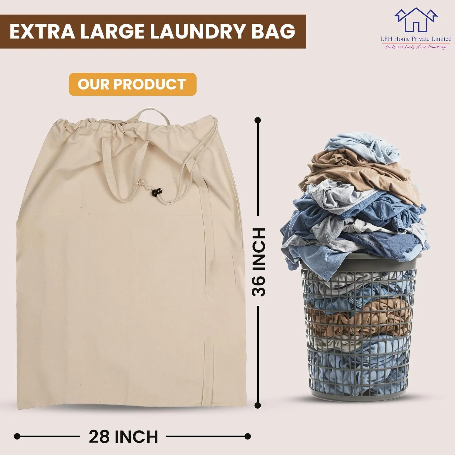 LFH Home Cotton Canvas Extra Large Laundry Bag with Handle, Heavy Duty Drawstring Closure Washable Laundry Bags School Travel, Home, Hotel, College Dorm, Organizer Sack, Toys Clothes 28x36-Natural