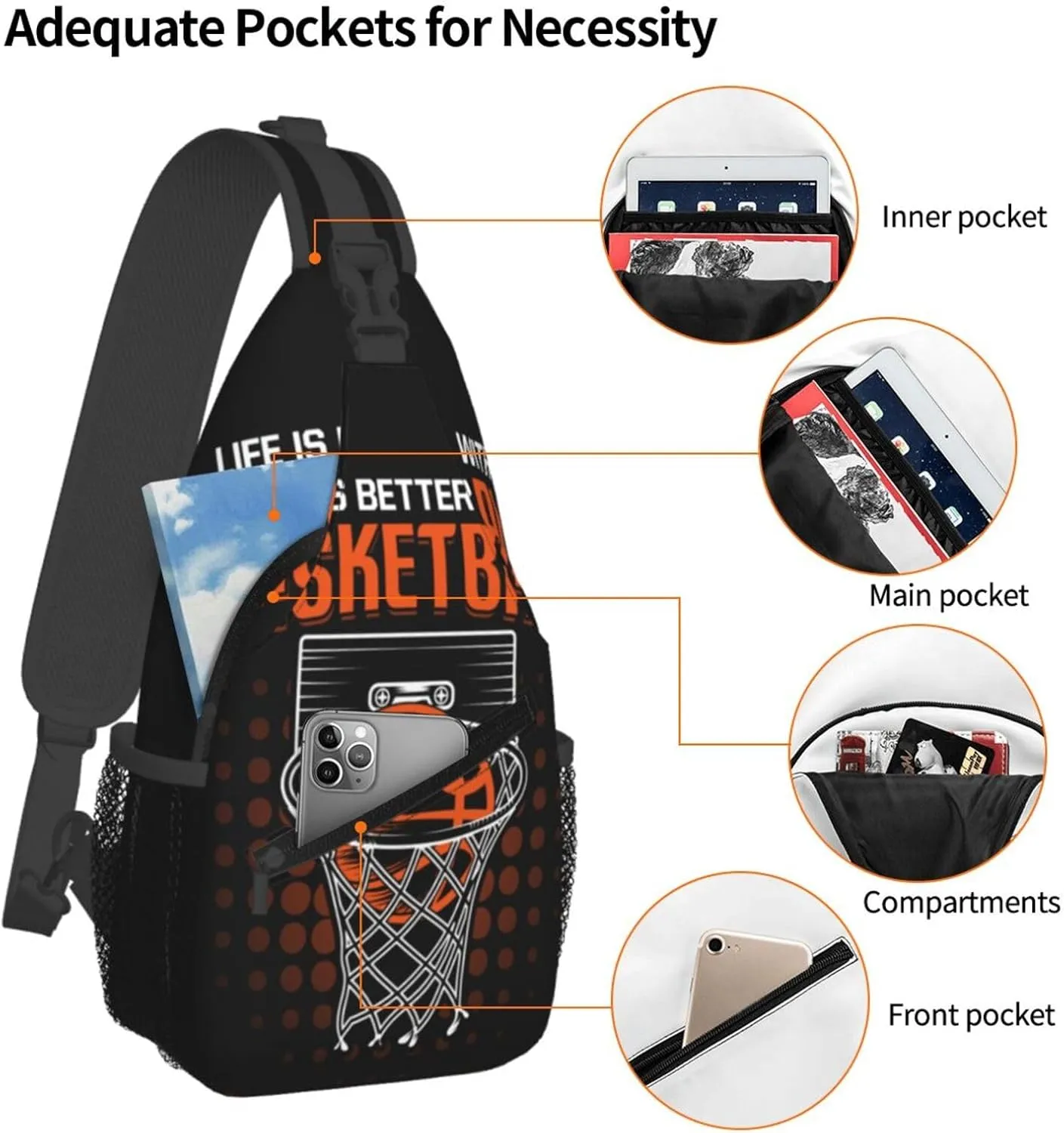Life Is Better With Basketball Chest Bags Crossbody Sling Bag Shoulder Bag Travel Hiking Daypack For Men Women
