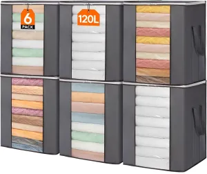 Lifewit 120L Extra Large Blanket Storage Bags, Foldable Comforter Storage with Reinforced Handles, Clothes Storage Containers for King Comforter, Bedding, Pillow, Sheet, Storage Bin with Lids 6 Pack