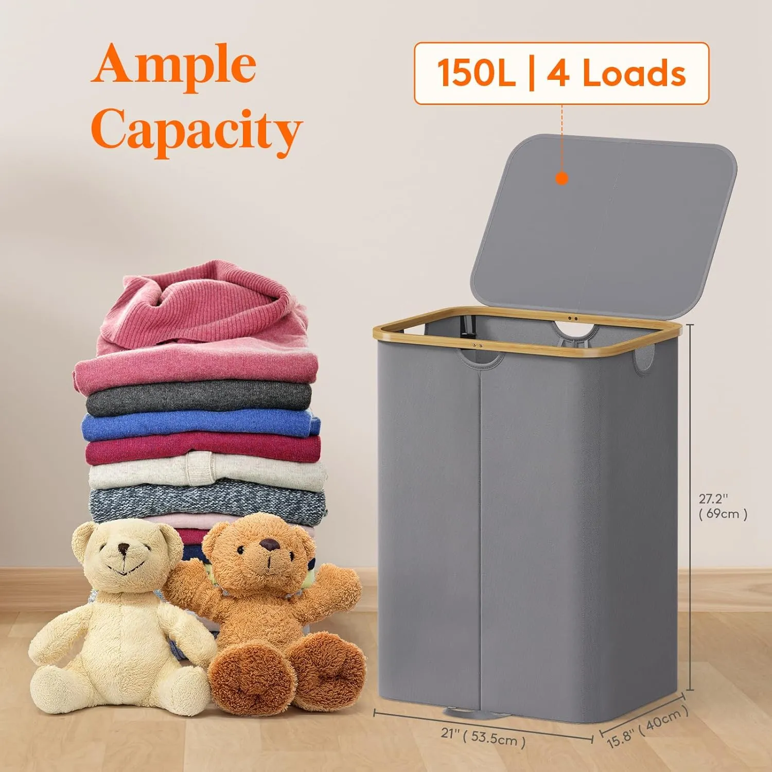 Lifewit 150L Double Laundry Hamper With Lid, Large Basket With Bamboo Handles and Removable Bags, Foldable Clothes Hamper for Bedroom, Bathroom, Dorm, Laundry Room, Grey