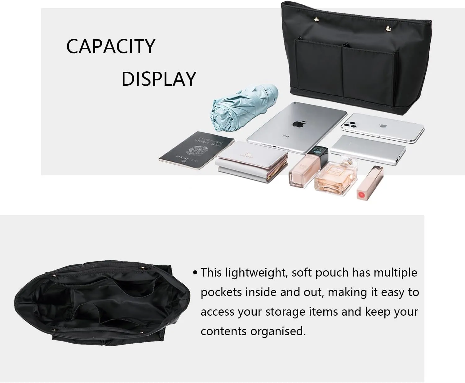 Lightweight Handbag Organizers Insert with Multiple Pockets Handbag Organizer for Storage and Organization Cosmetic Bag (Nylon-black,M)