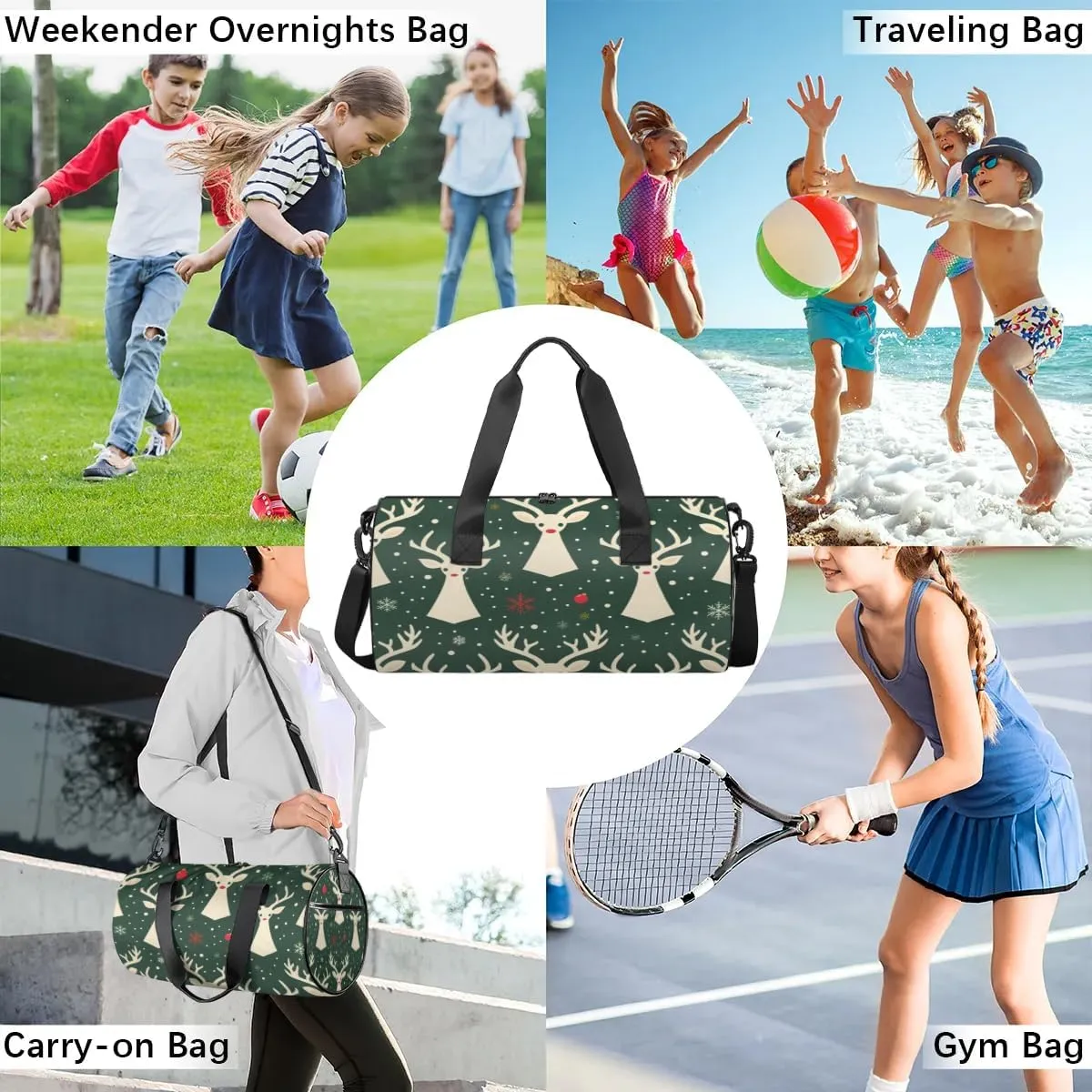 Lightweight Travel Duffle Bag Christmas Deer Prints Gym Bag for Women Men Stylish Small Duffle Bag for Fitness Yoga Travel Overnight Sport