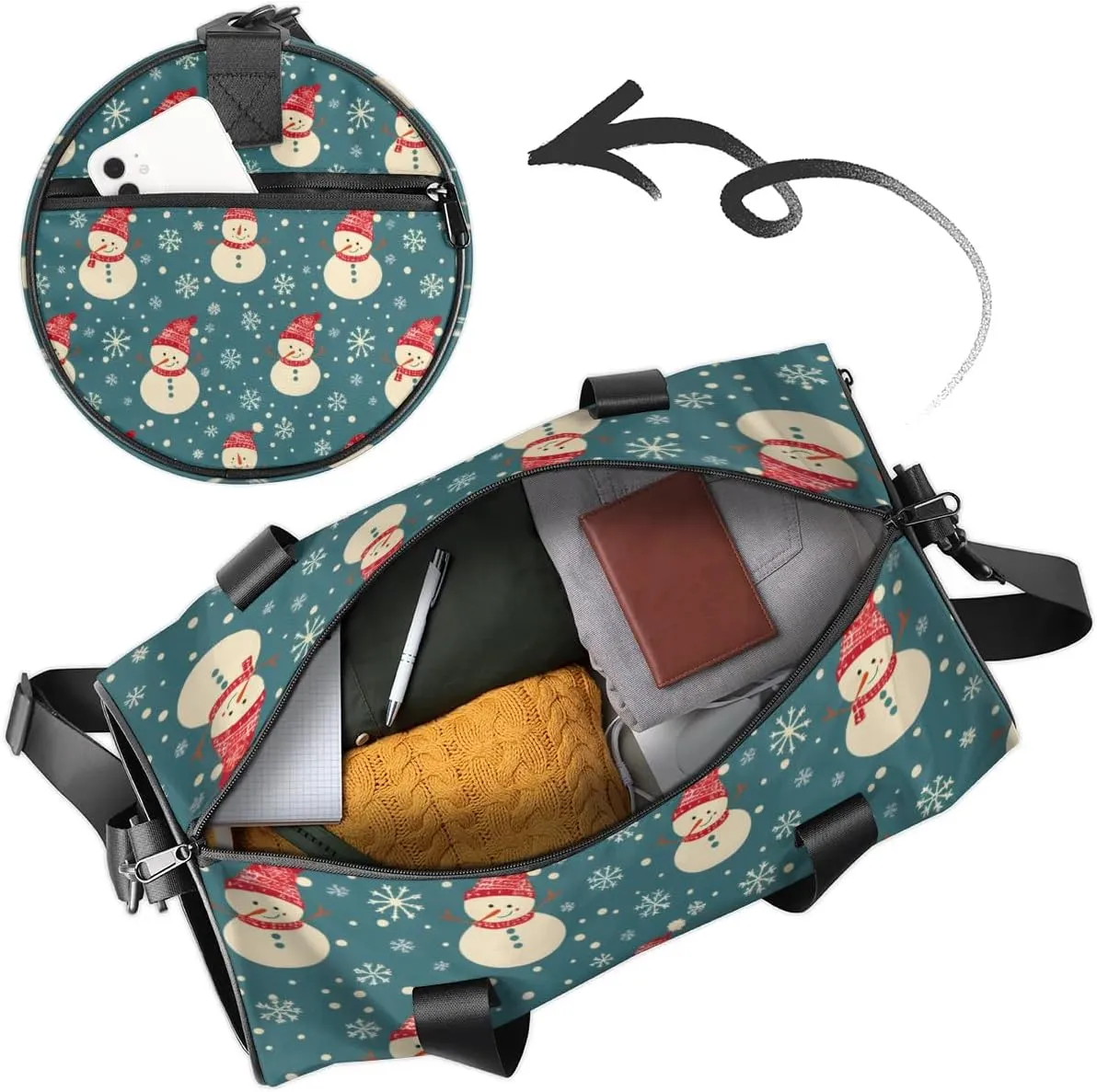 Lightweight Travel Duffle Bag Christmas Snowman Snowflakes Gym Bag for Women Men Stylish Small Duffle Bag for Fitness Yoga Travel Overnight Sport