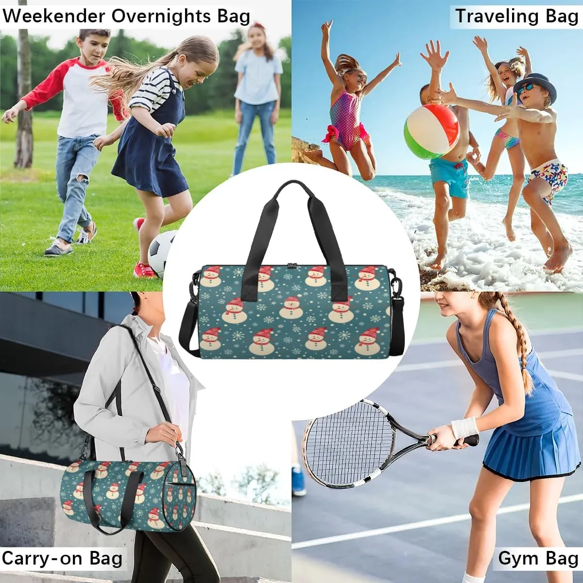 Lightweight Travel Duffle Bag Christmas Snowman Snowflakes Gym Bag for Women Men Stylish Small Duffle Bag for Fitness Yoga Travel Overnight Sport