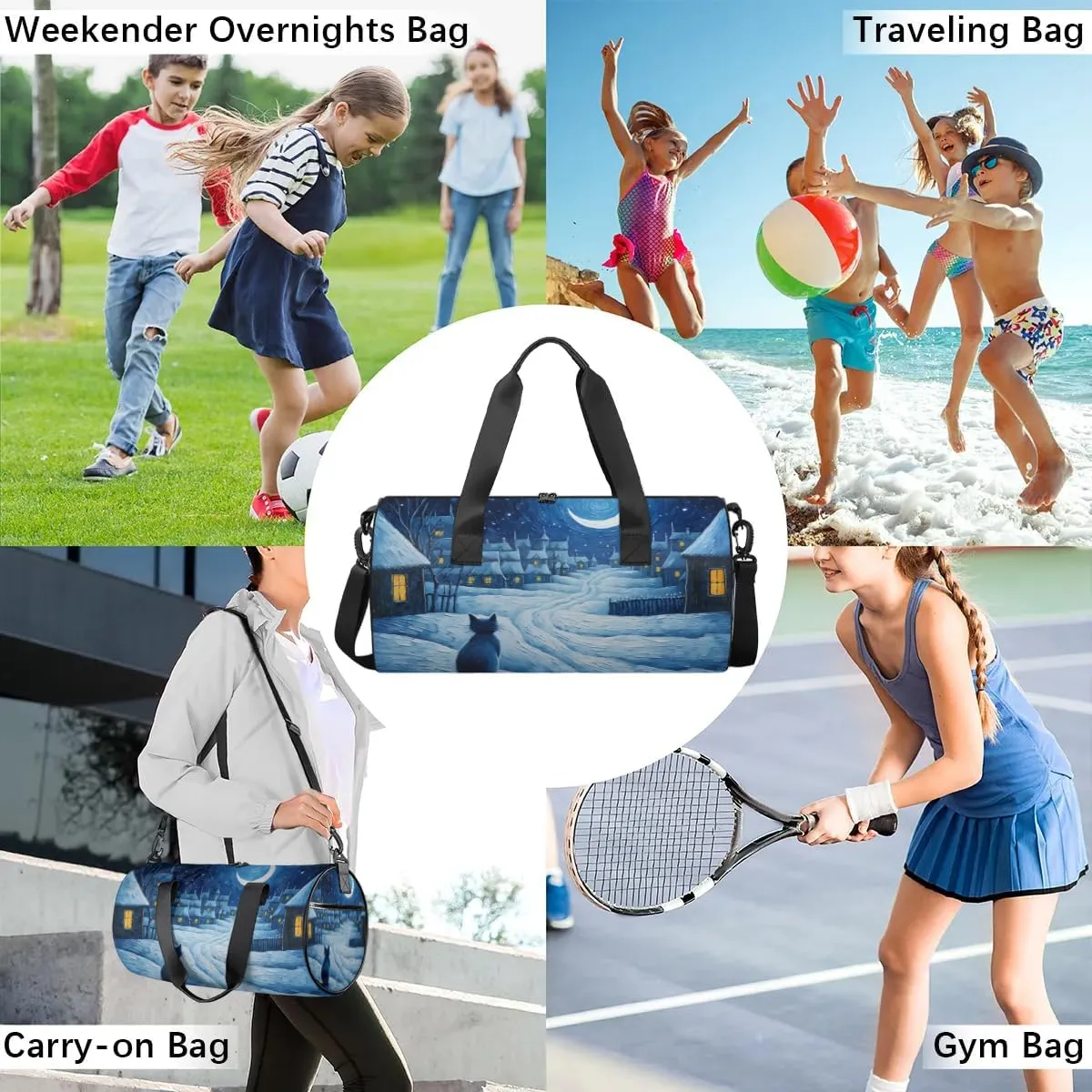 Lightweight Travel Duffle Bag Winter Village Cat Gym Bag for Women Men Stylish Small Duffle Bag for Fitness Yoga Travel Overnight Sport